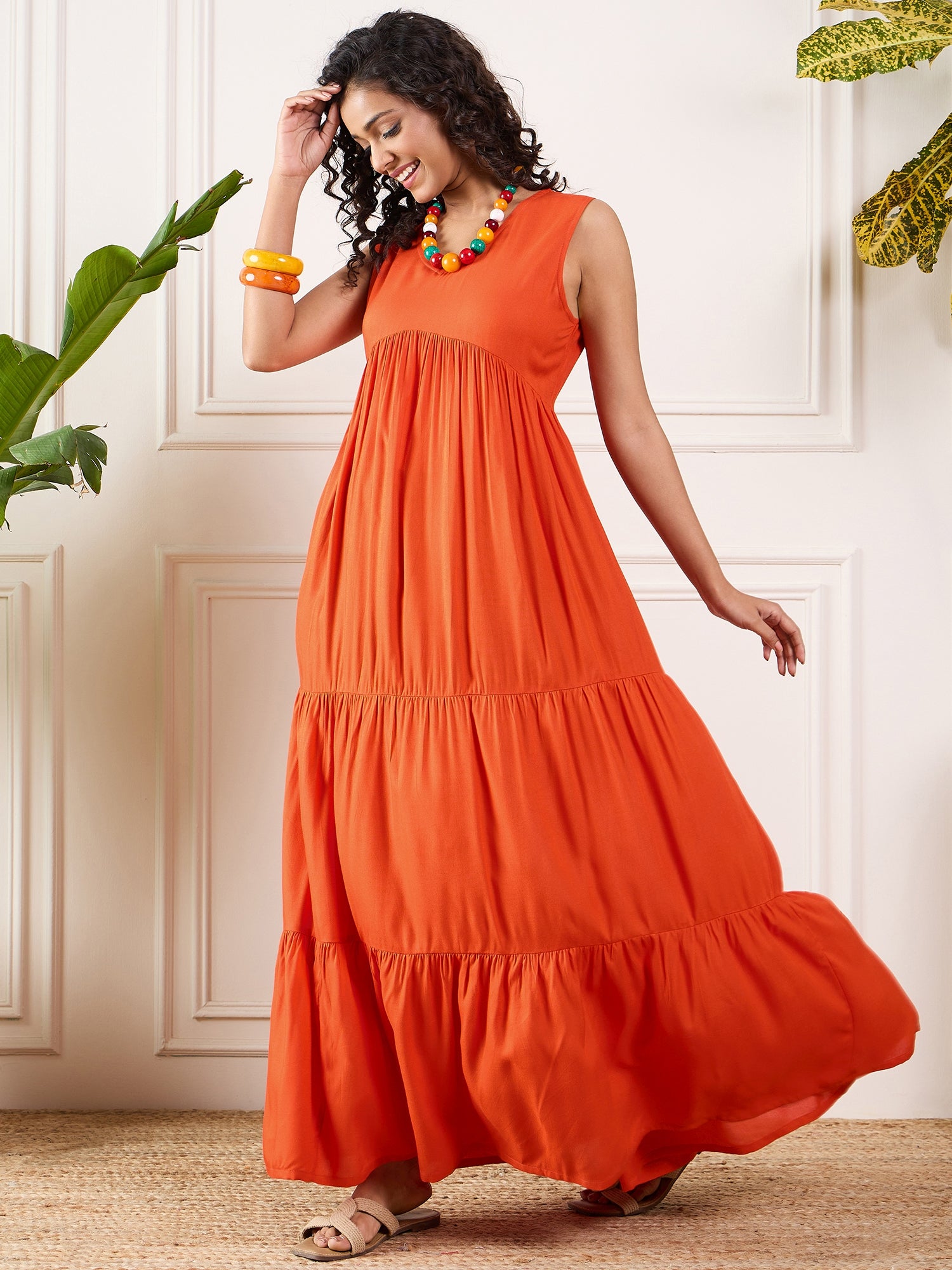 Orange V Neck Sleeveless Long Tiered Dress