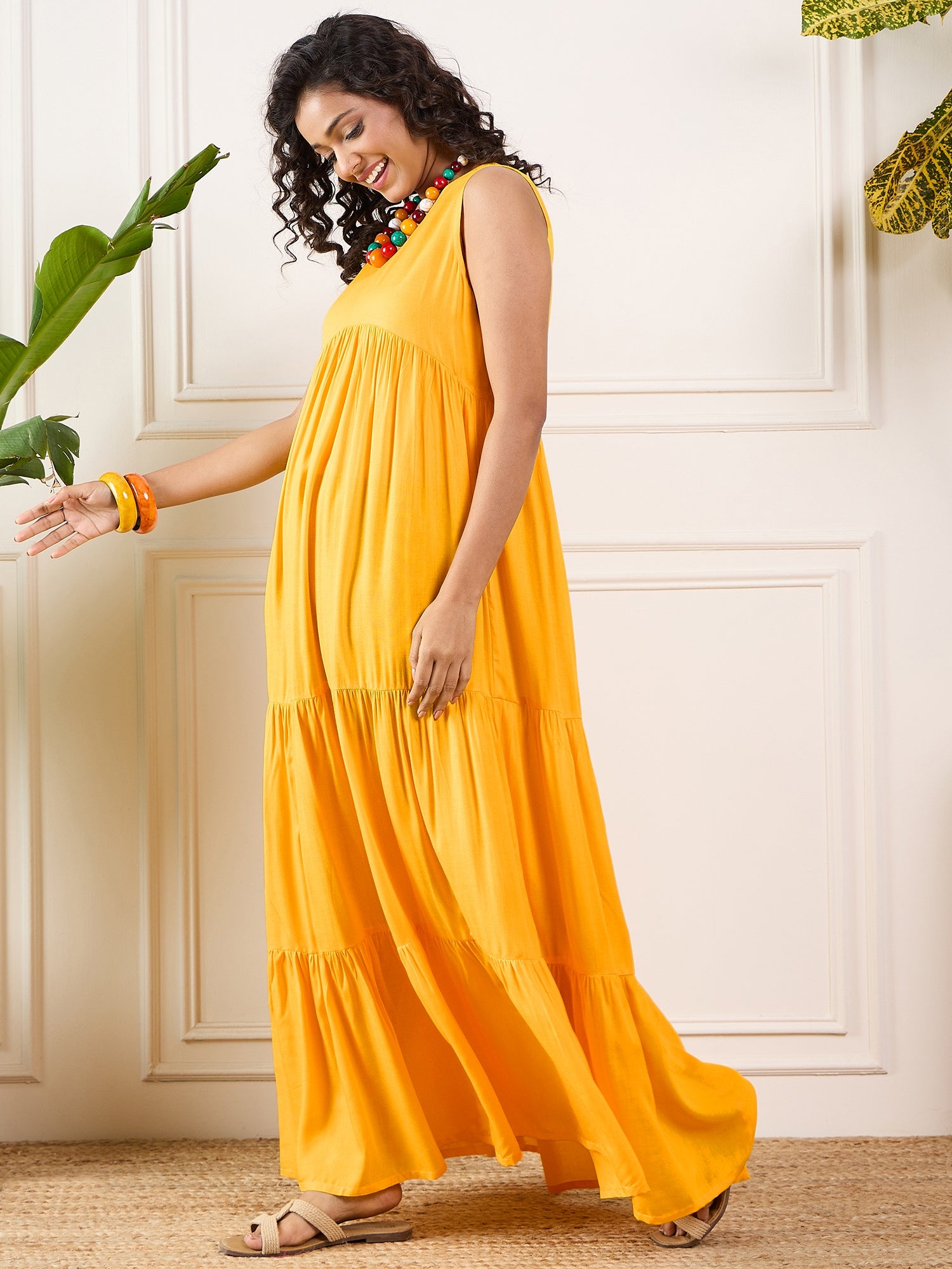 Yellow V Neck Sleeveless Long Tiered Dress