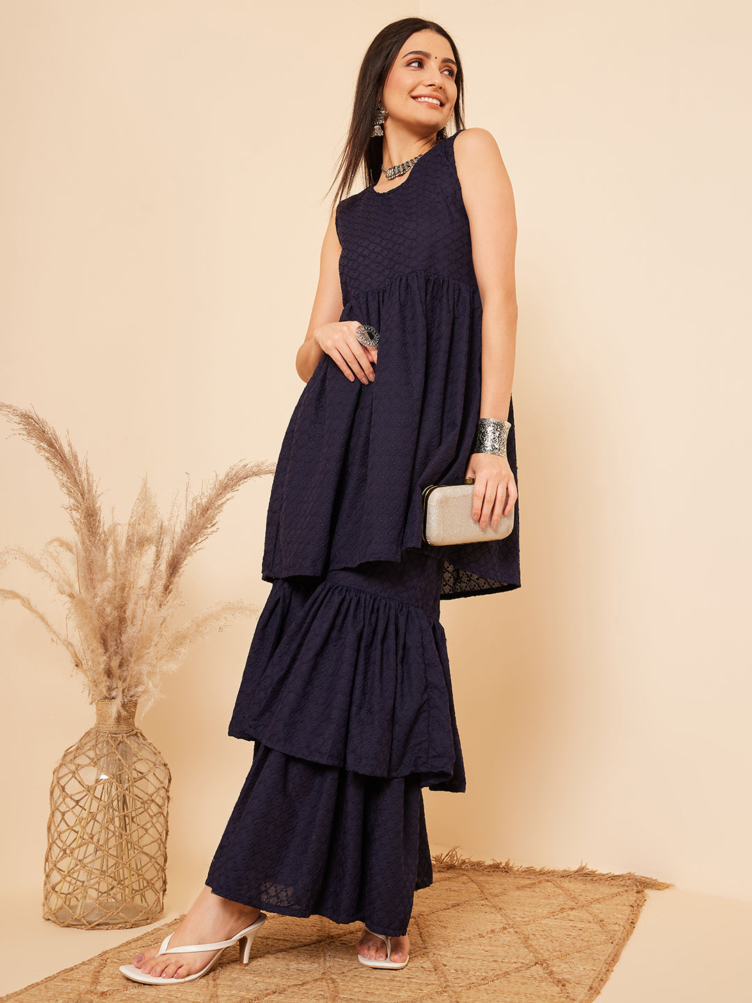 Navy Blue Lace Work Double Layer Sharara Set