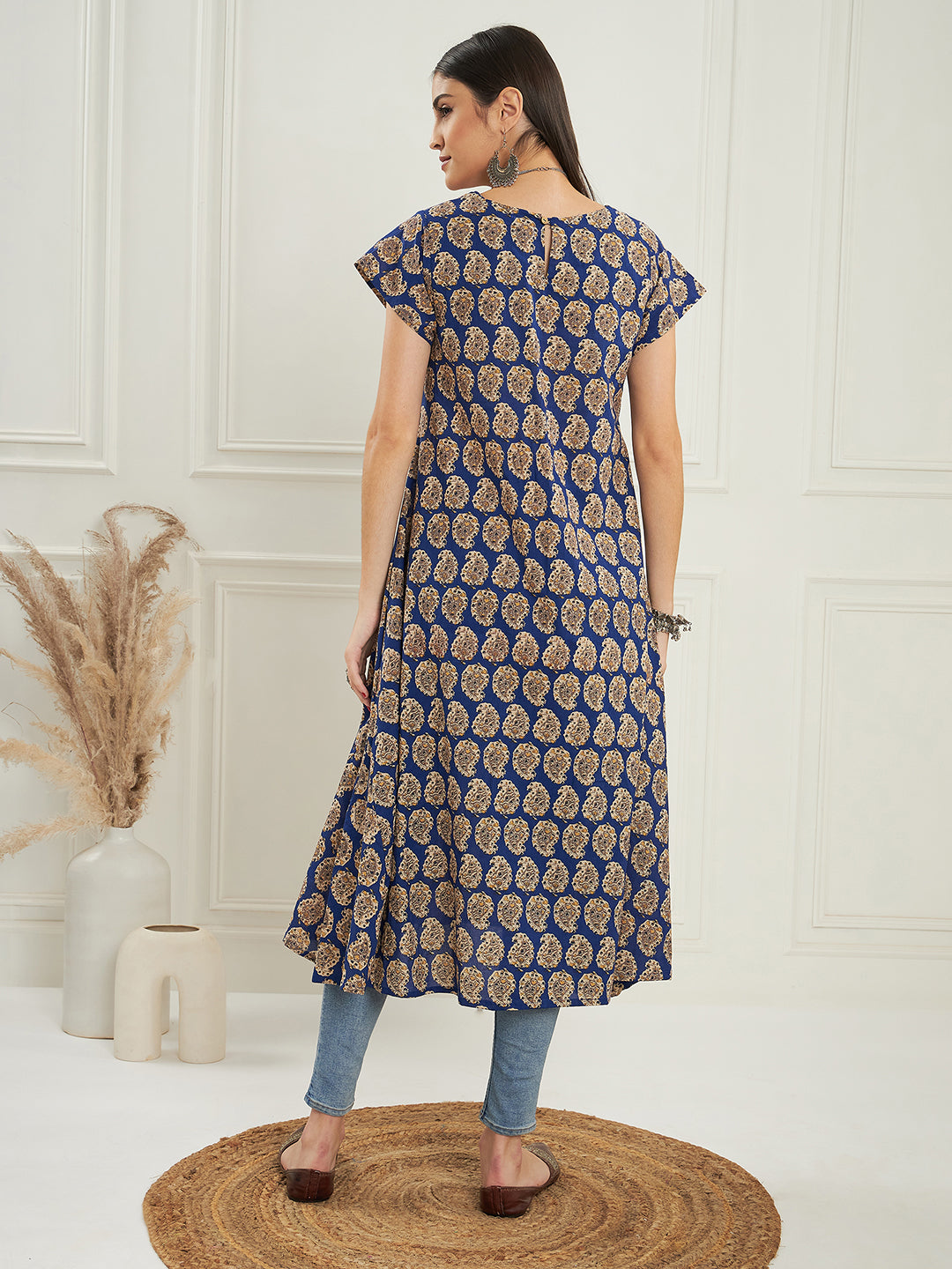 Ink Blue Small Paisley Kalamkari A Line Dress