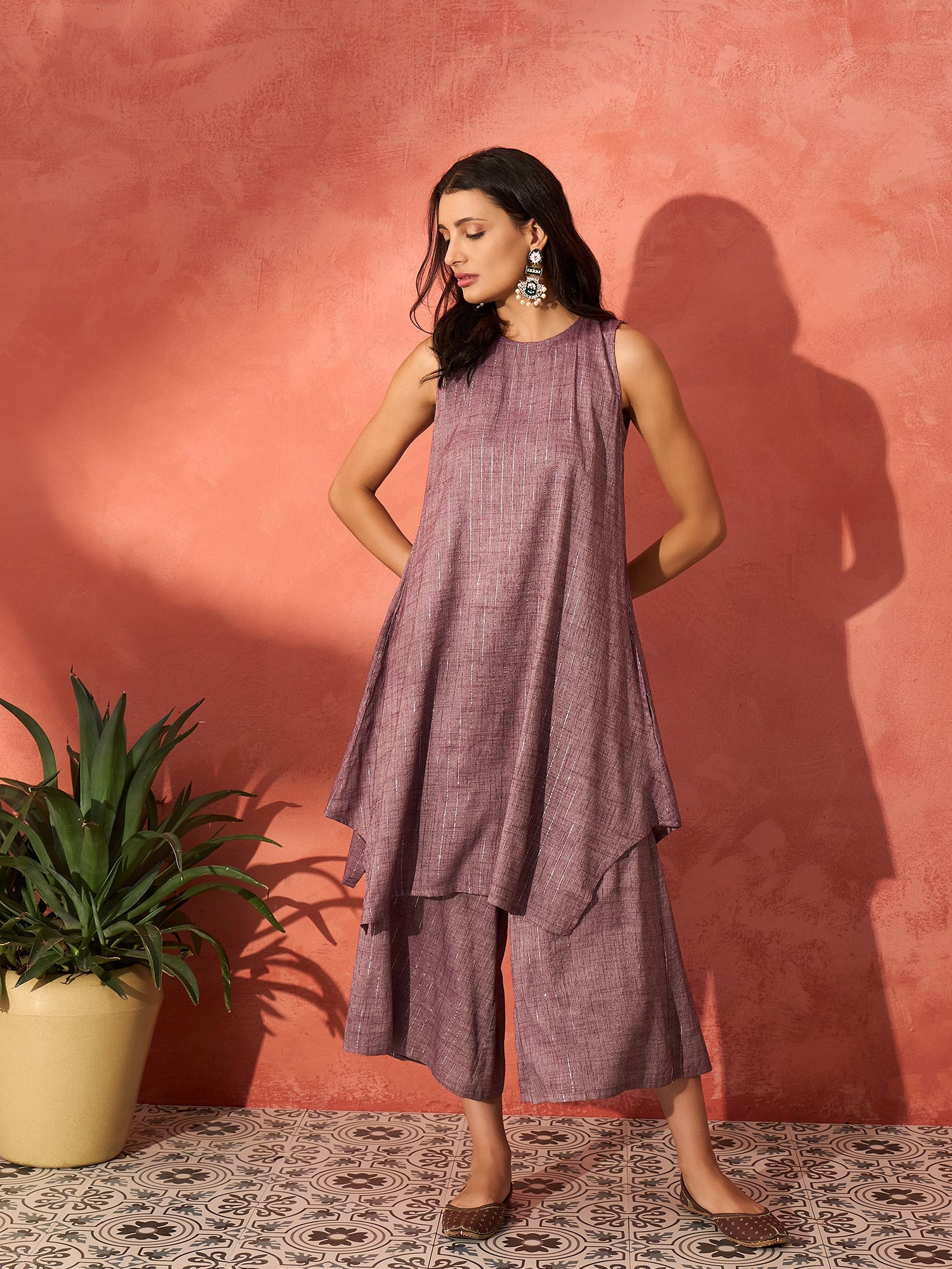 Mauve Lurex Short Pallazo Kurta Set