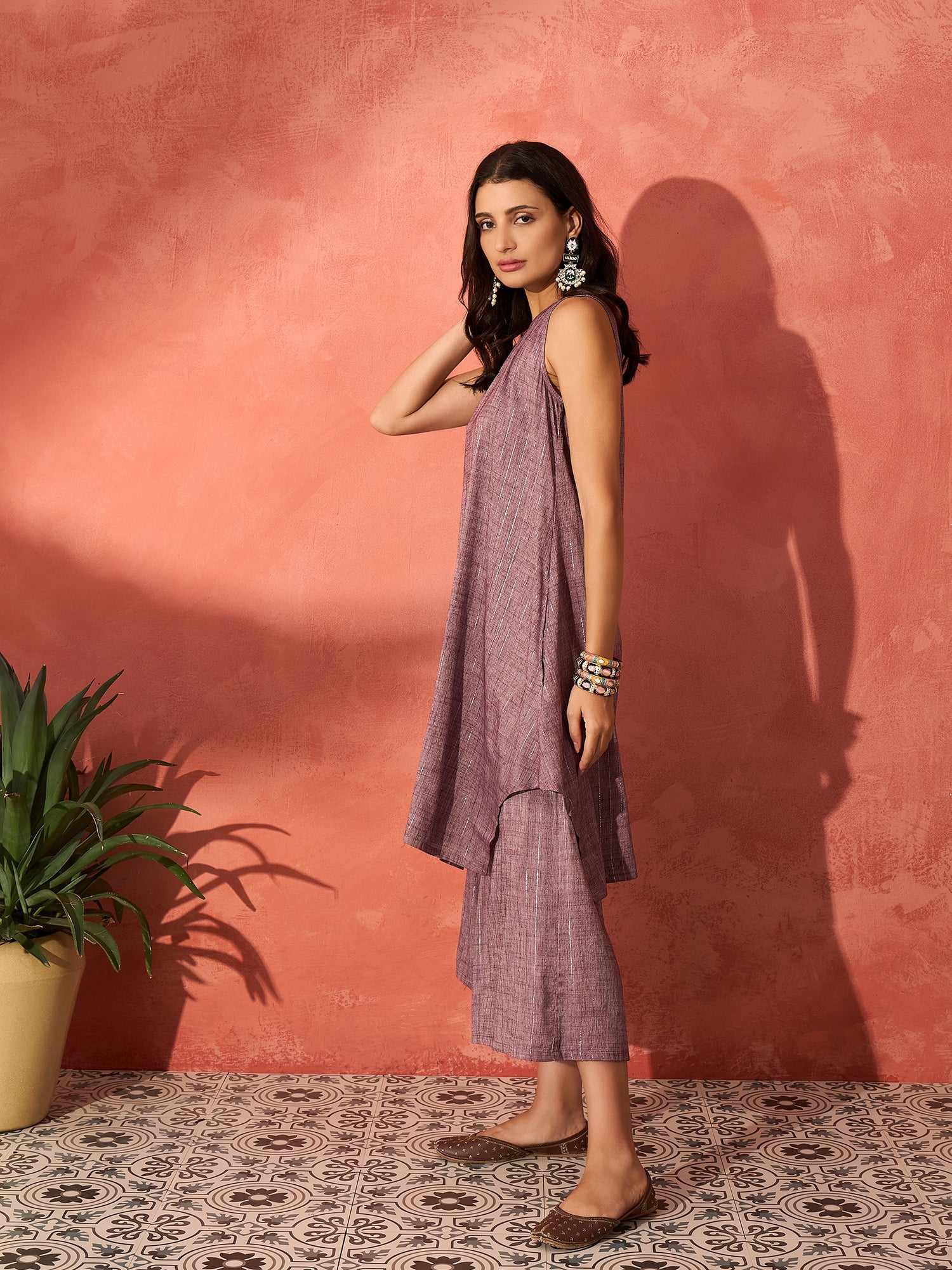 Mauve Lurex Short Pallazo Kurta Set