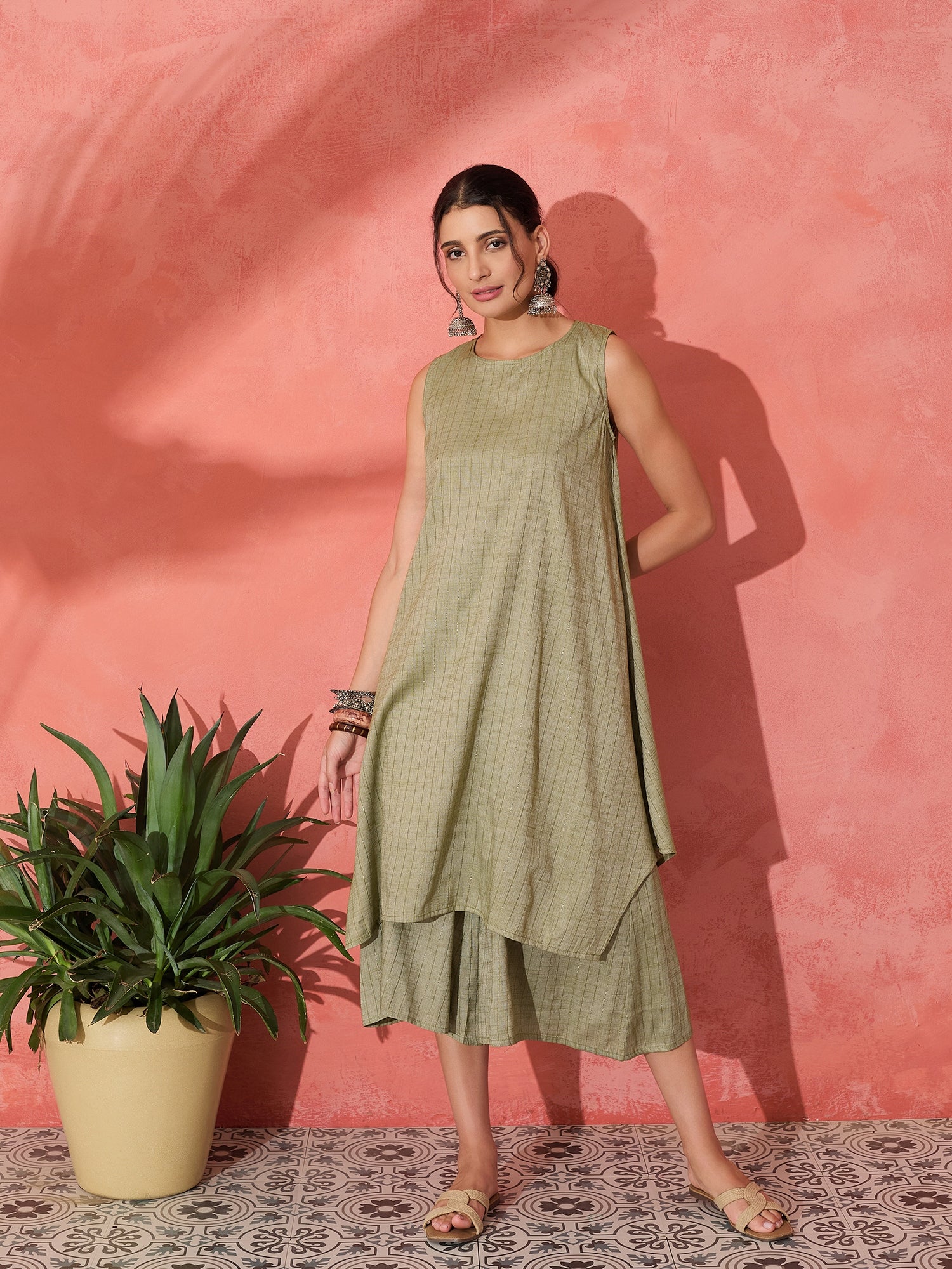 OLIVE LUREX SHORT PALLAZO KURTA SET