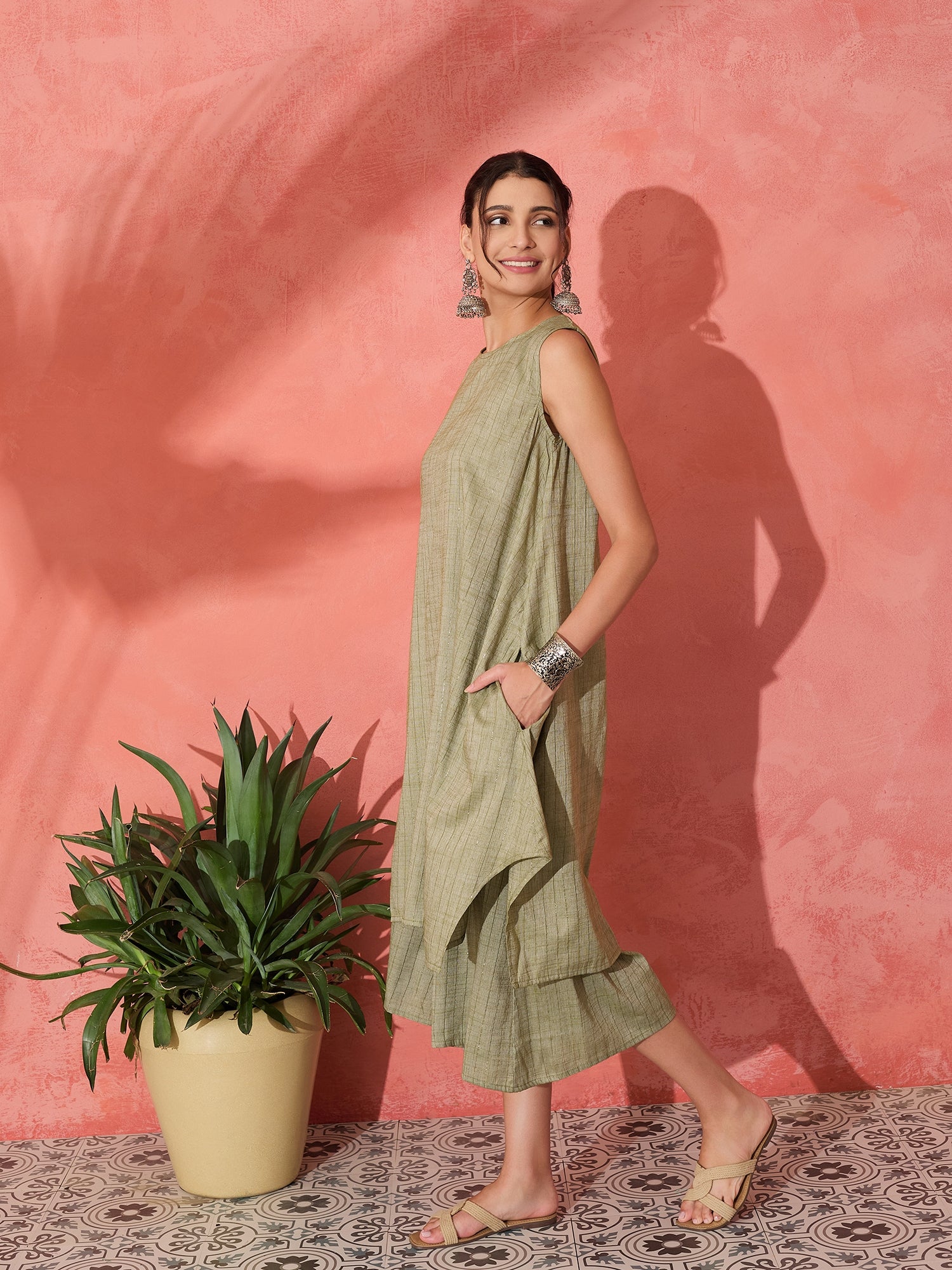 OLIVE LUREX SHORT PALLAZO KURTA SET