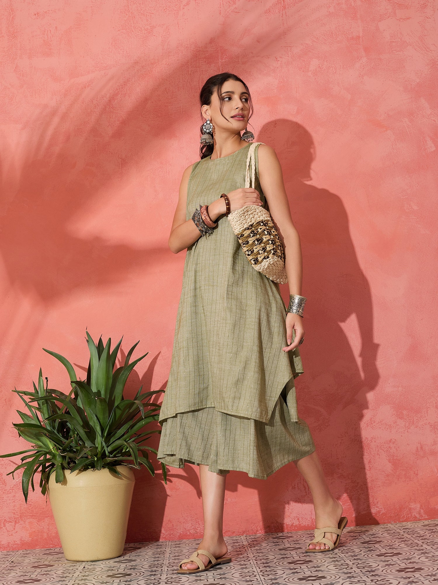 OLIVE LUREX SHORT PALLAZO KURTA SET