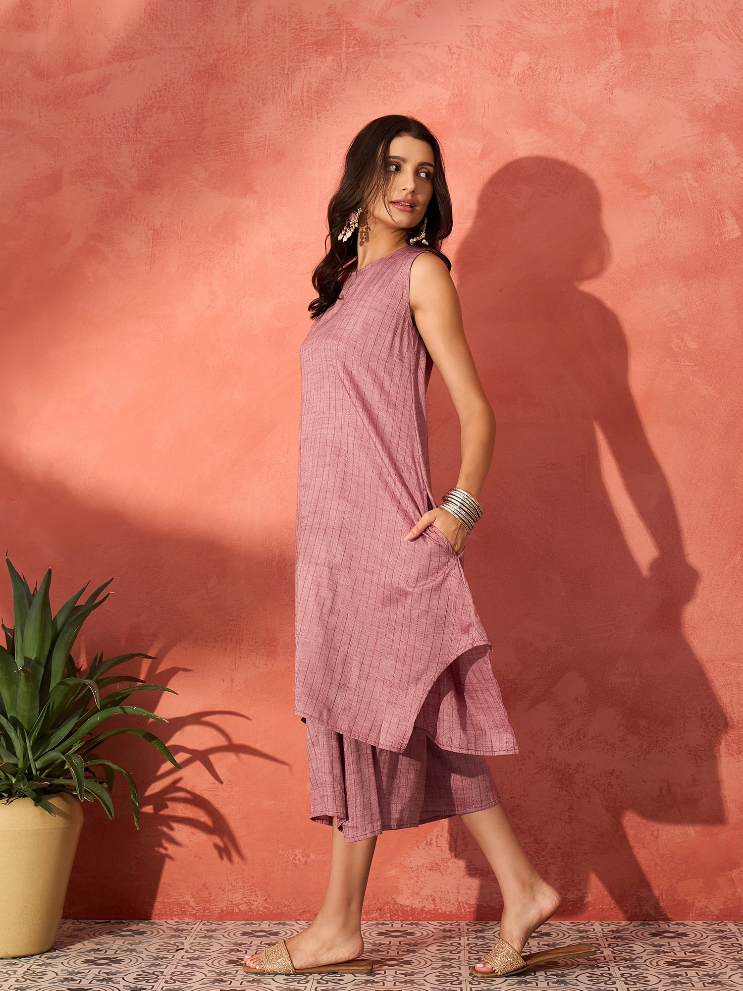 Wine Lurex Short Pallazo Kurta Set