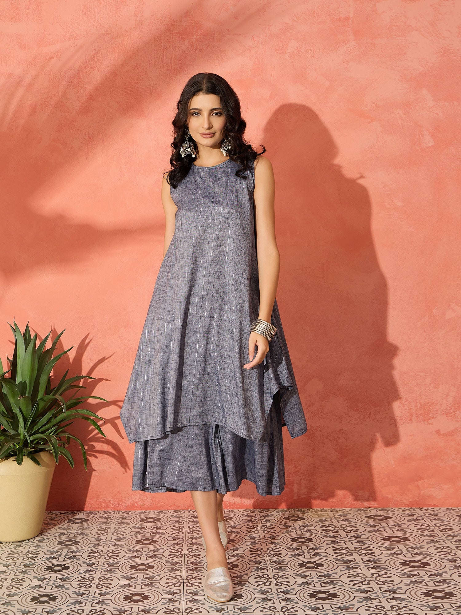 BLUE LUREX SHORT PALLAZO KURTA SET