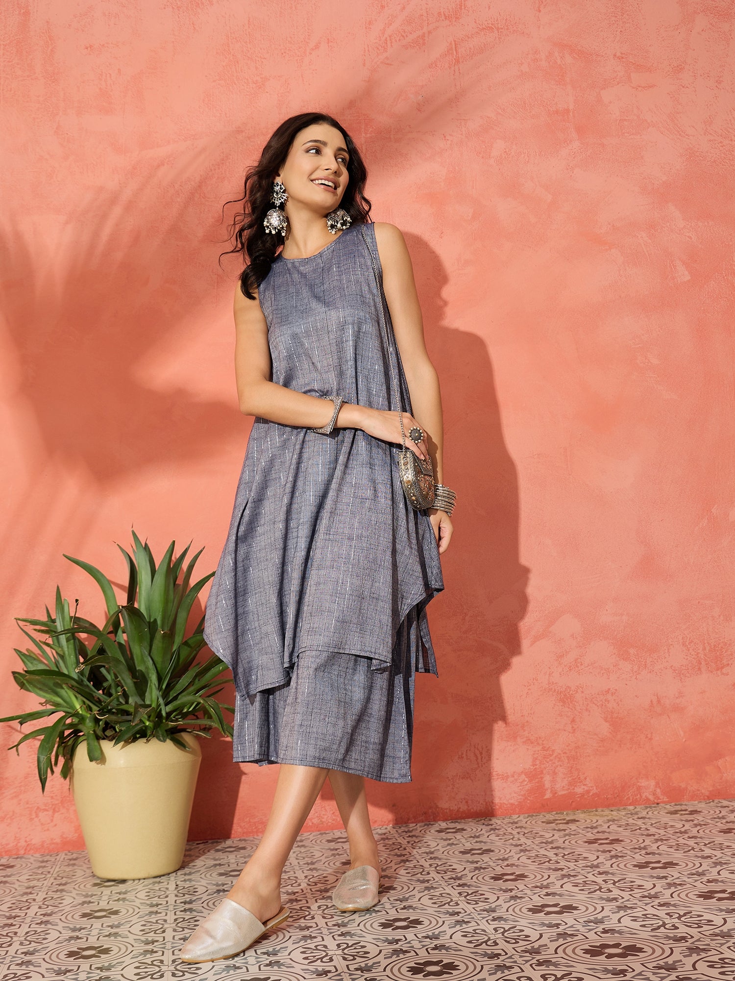 BLUE LUREX SHORT PALLAZO KURTA SET