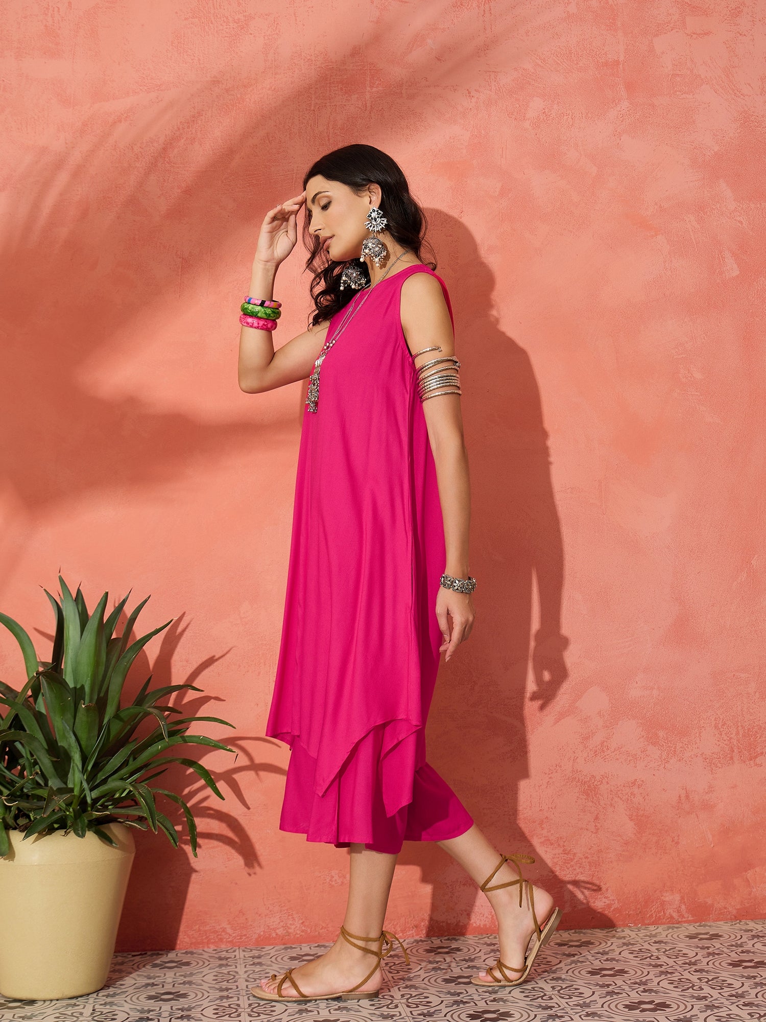 FUCHSIA SHORT KURTA PALAZZO SET