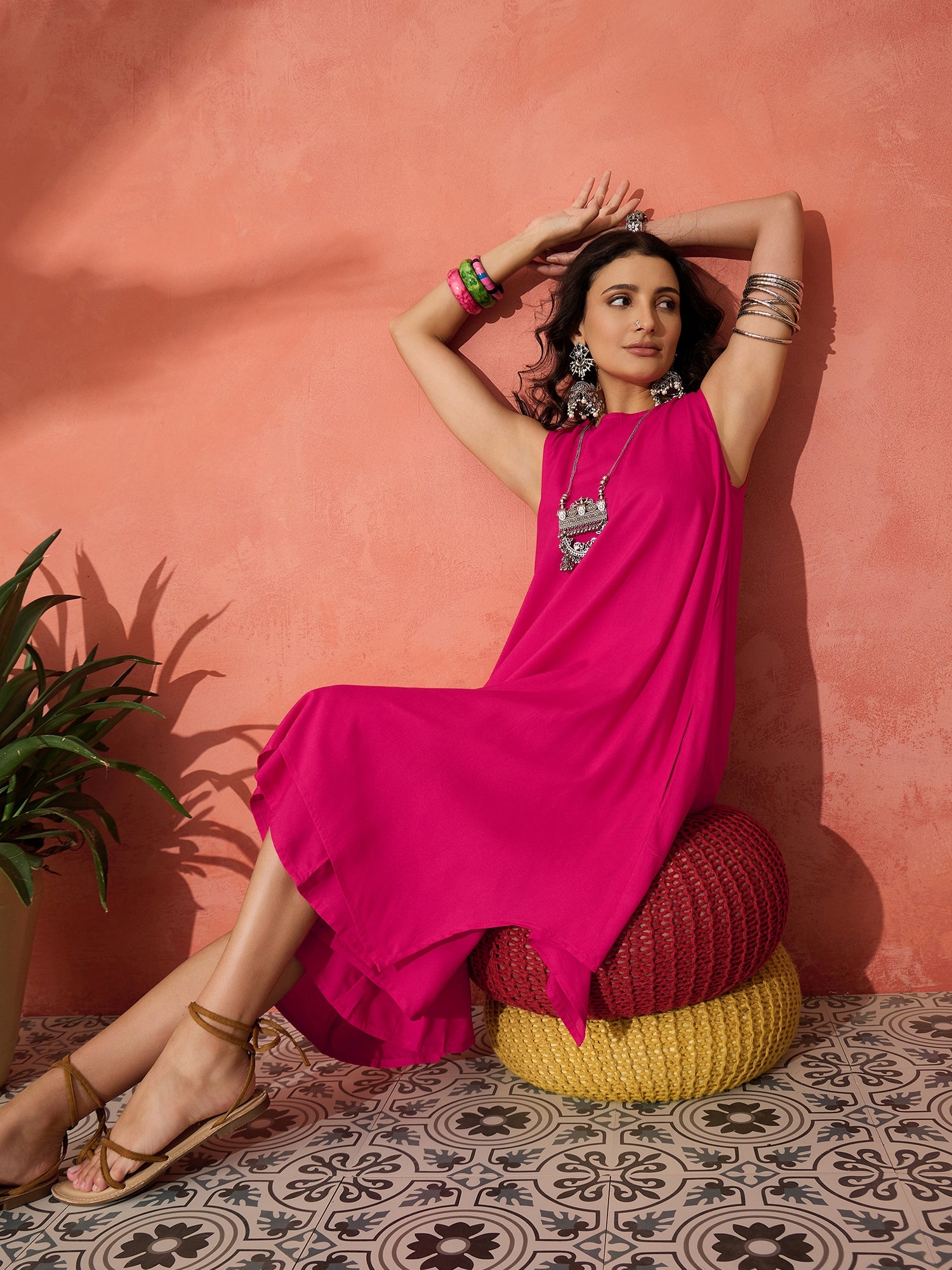 FUCHSIA SHORT KURTA PALAZZO SET