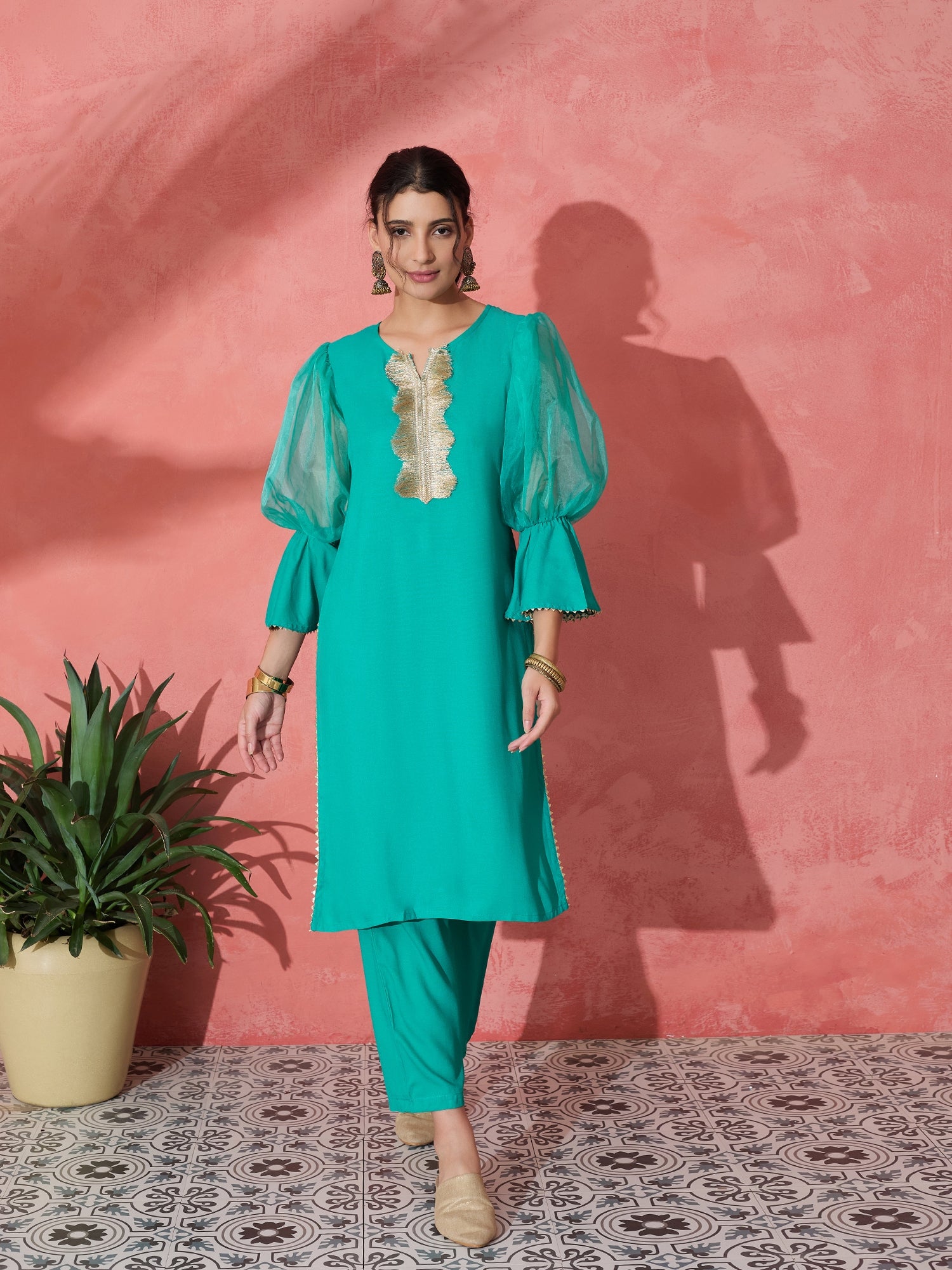 AQUA ORGANZA SLEEVE GOTA WORK KURTA SET