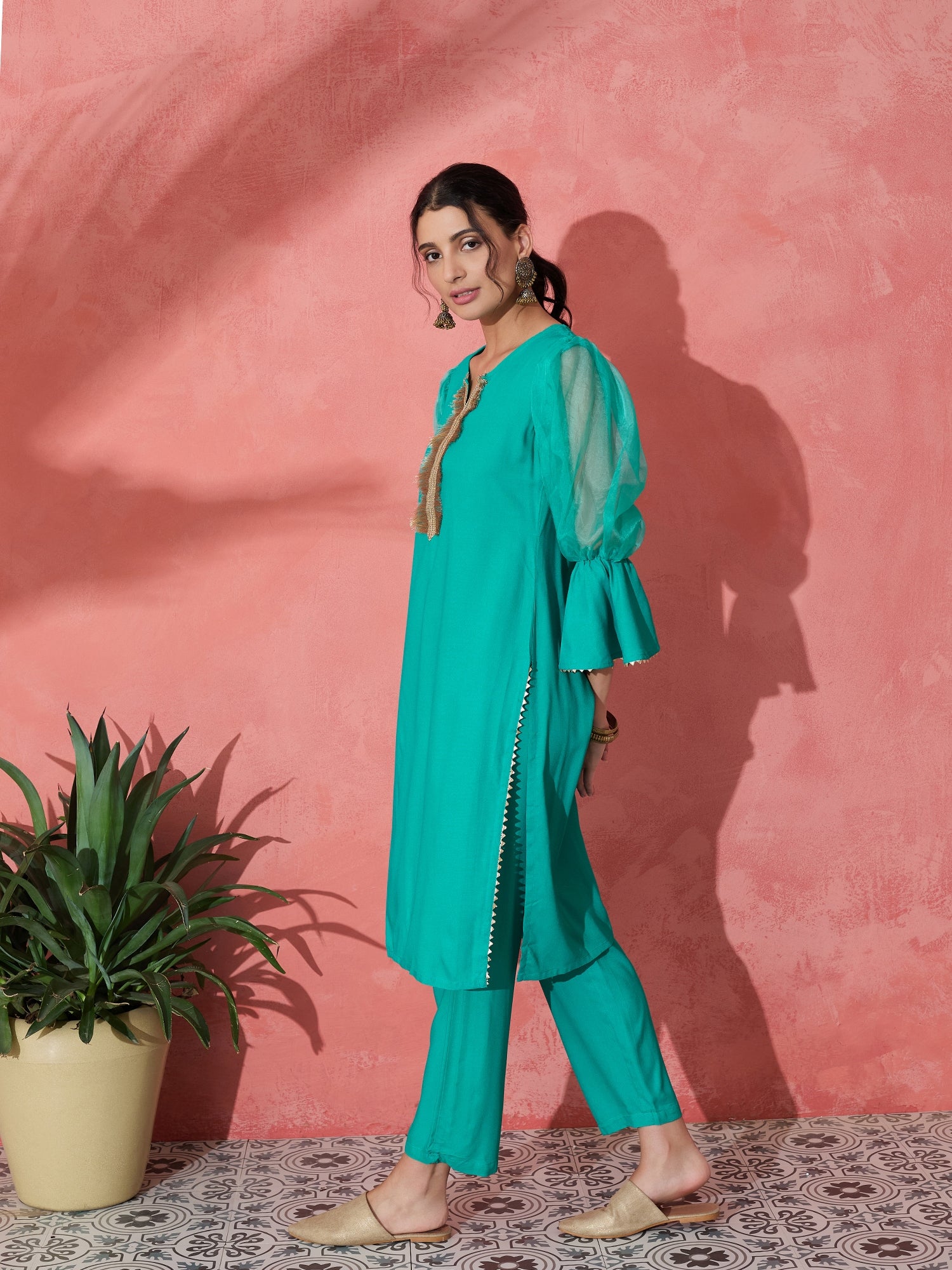 AQUA ORGANZA SLEEVE GOTA WORK KURTA SET