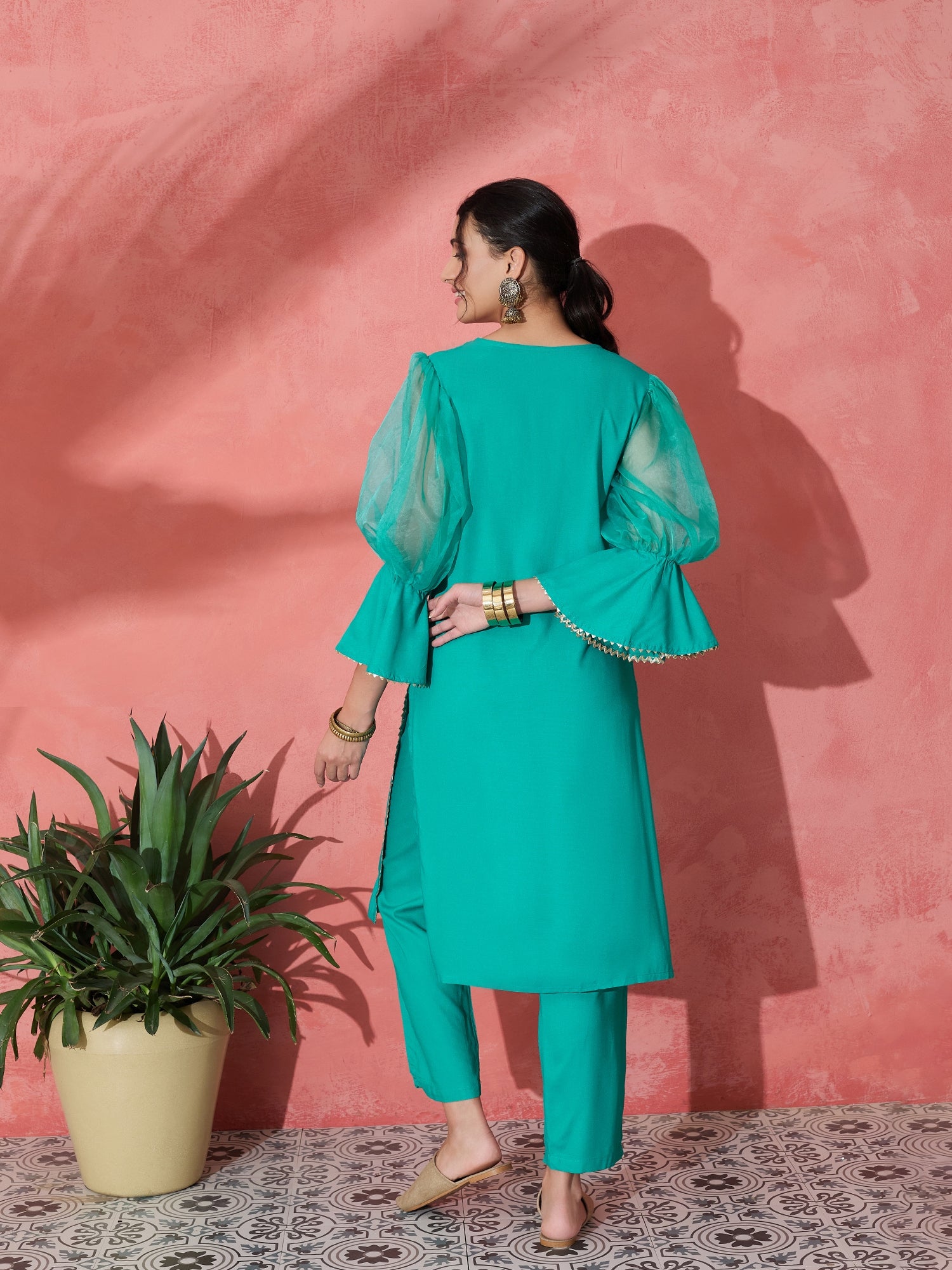 AQUA ORGANZA SLEEVE GOTA WORK KURTA SET