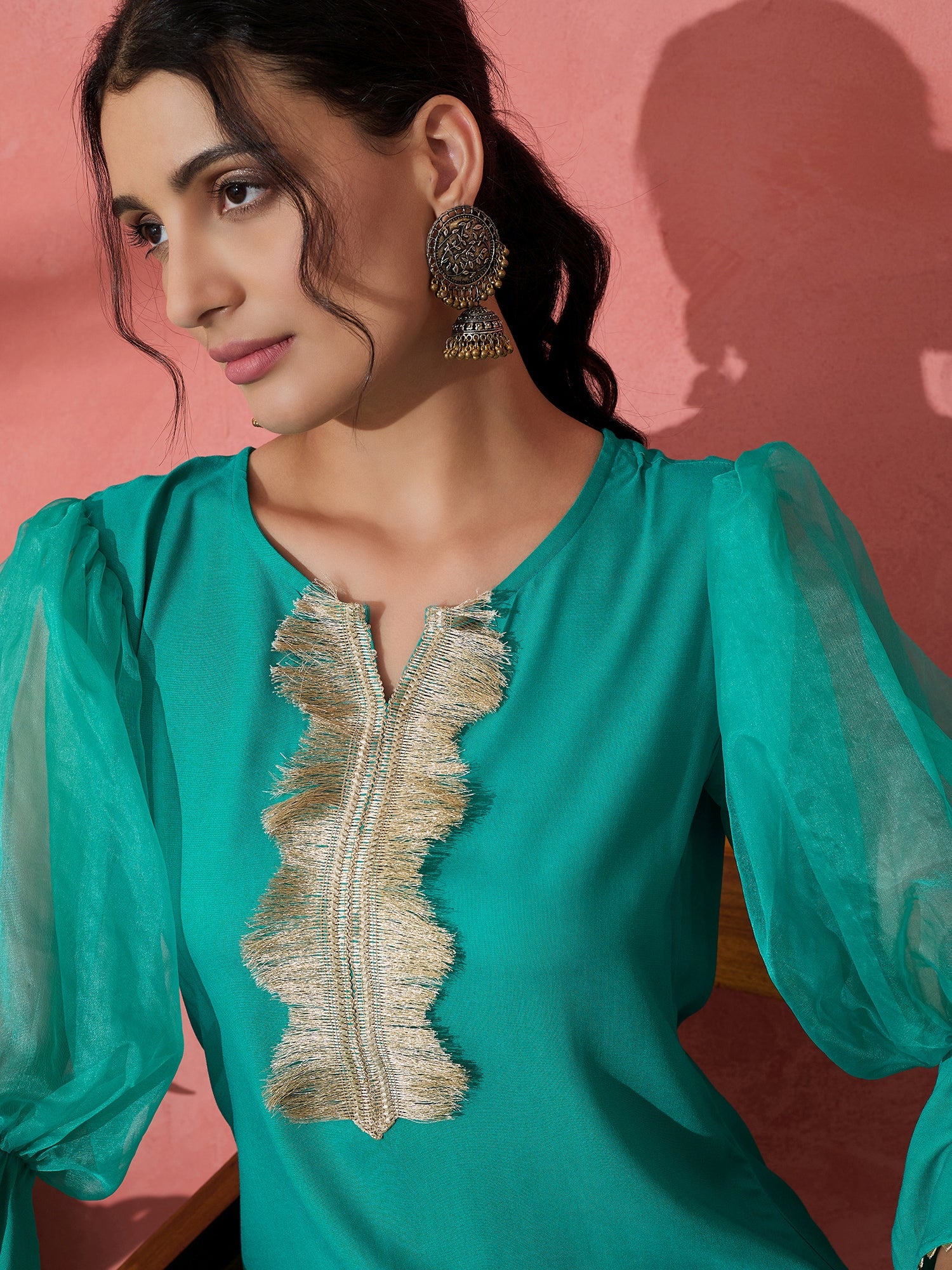 AQUA ORGANZA SLEEVE GOTA WORK KURTA SET