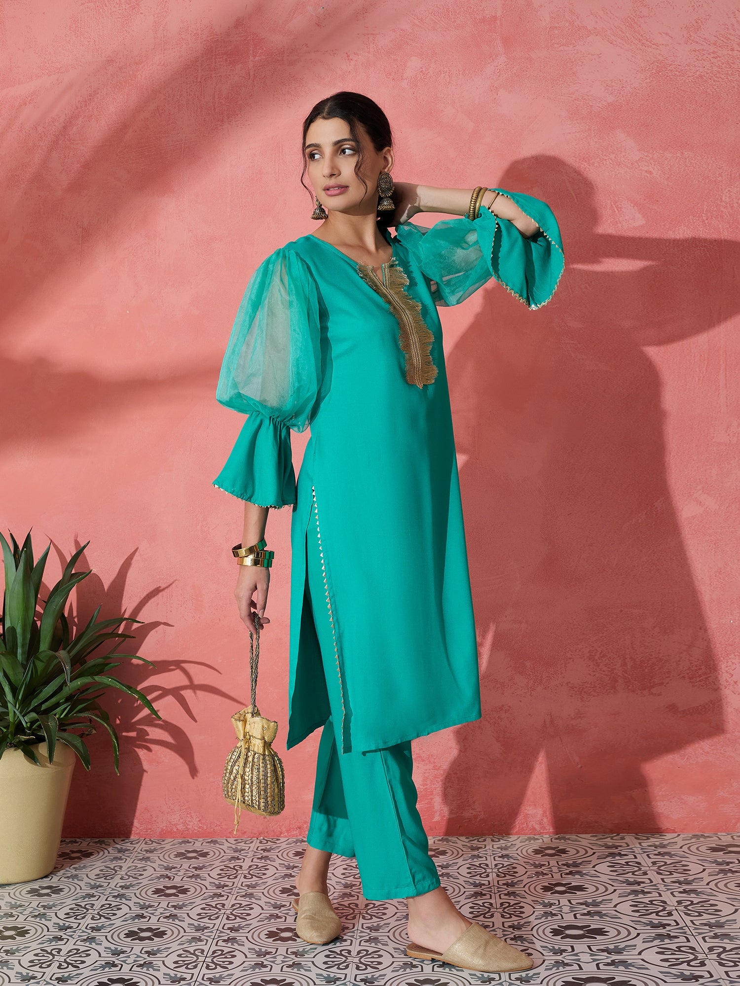 AQUA ORGANZA SLEEVE GOTA WORK KURTA SET