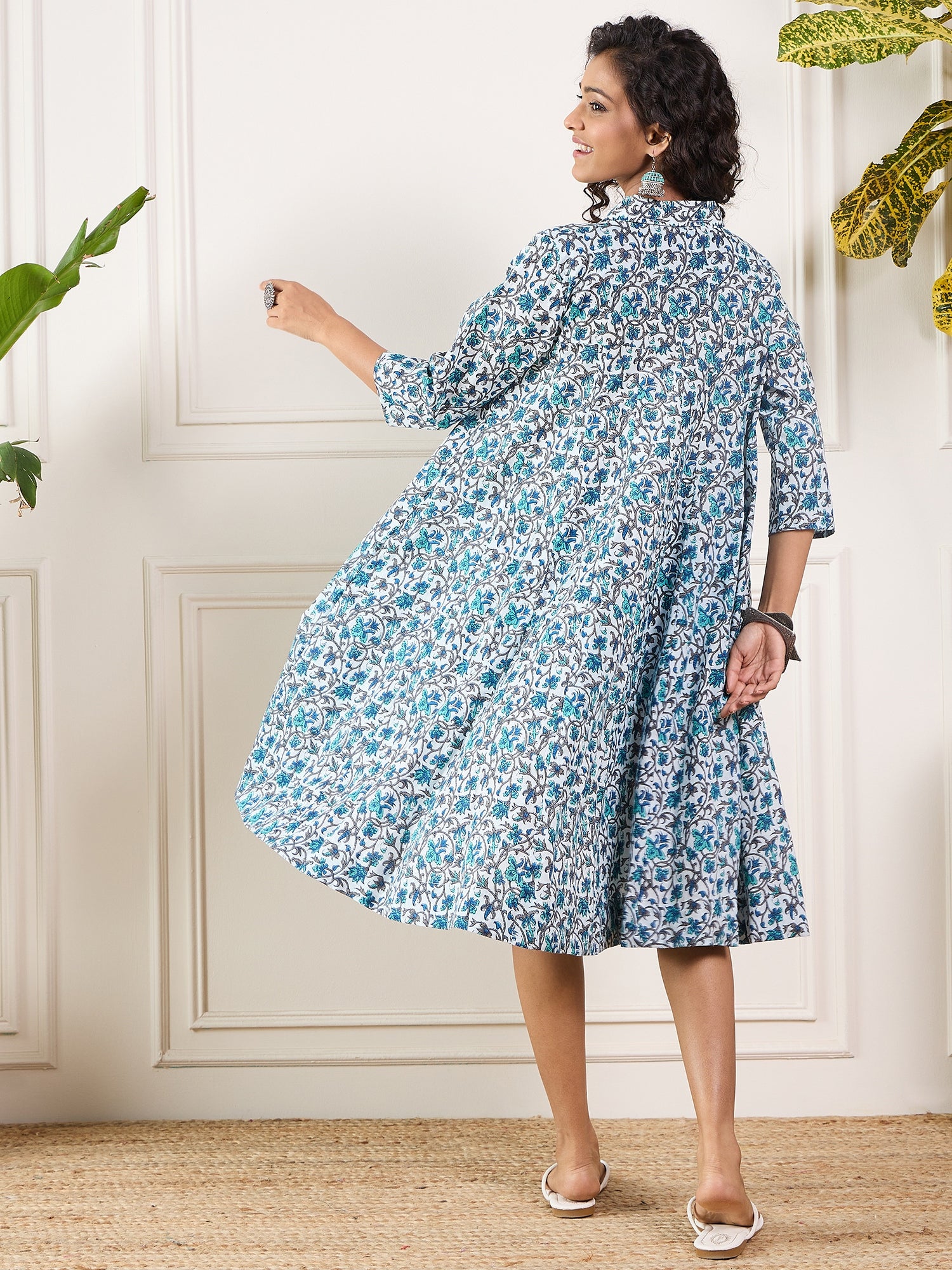 Aqua Blue Floral Grey Jaal Collar Flared Dress