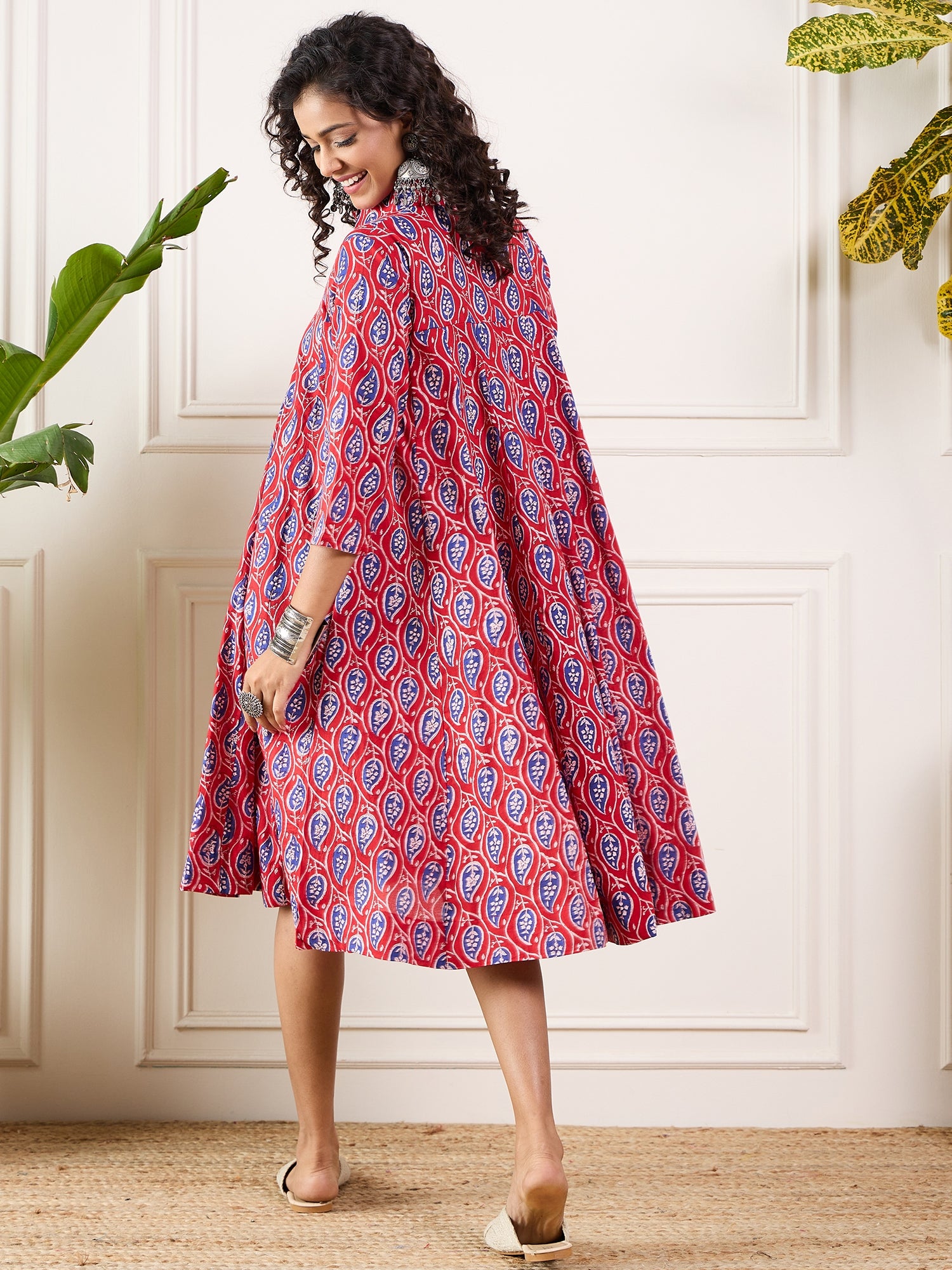 Red Blue Ajrak Leaves Collar Flared Dress