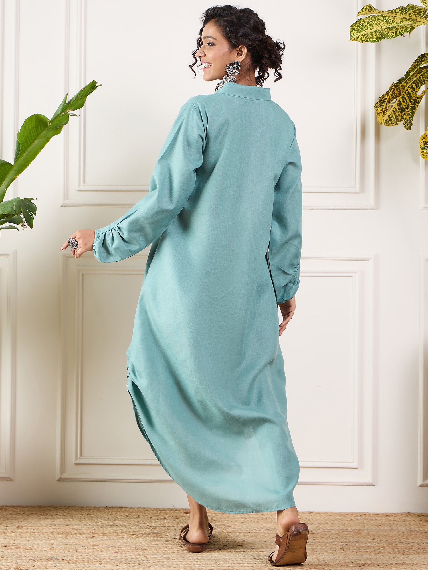 Dusty Teal Shawl Neck Long Side Pleat Dress