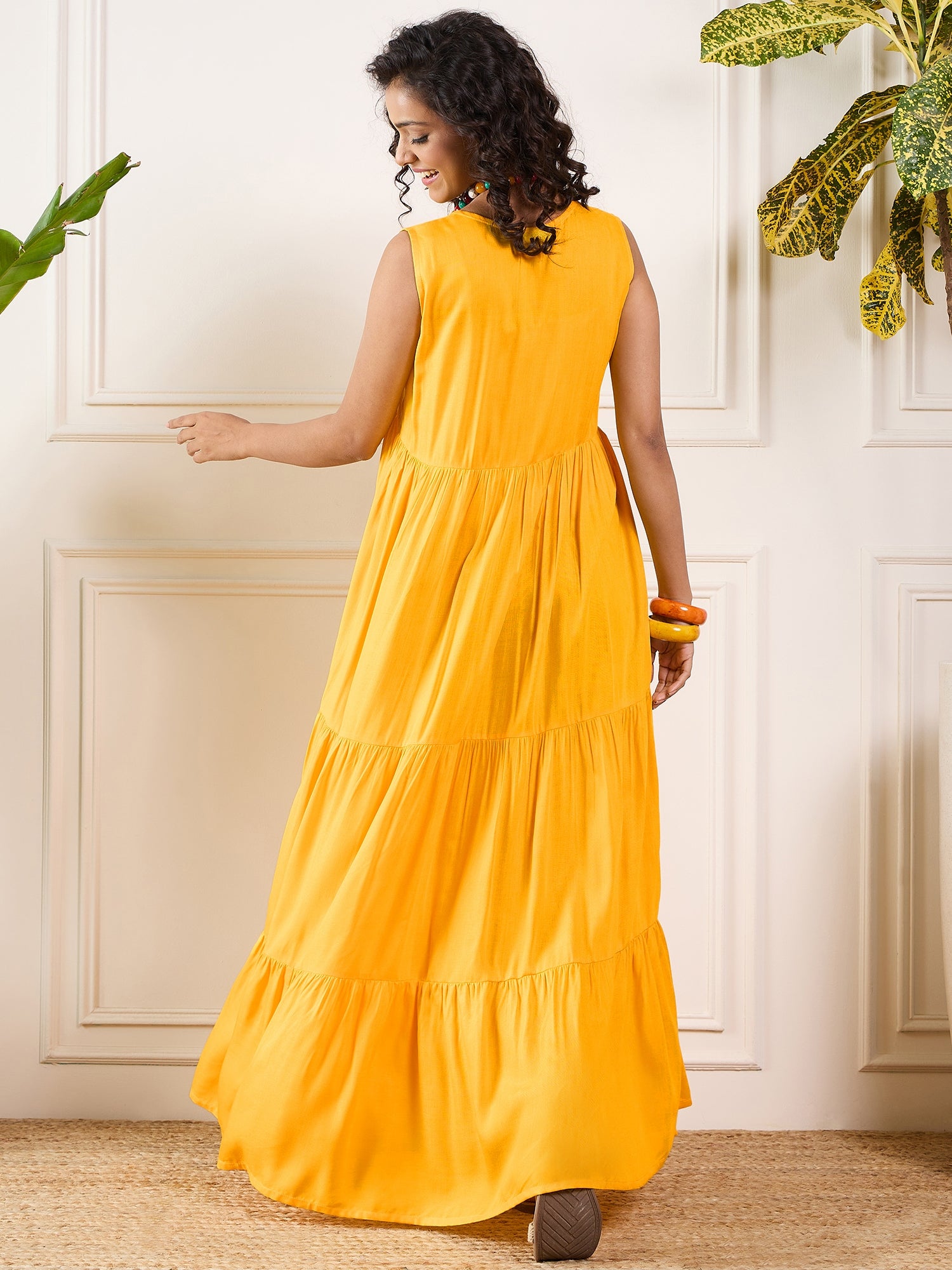 Yellow V Neck Sleeveless Long Tiered Dress