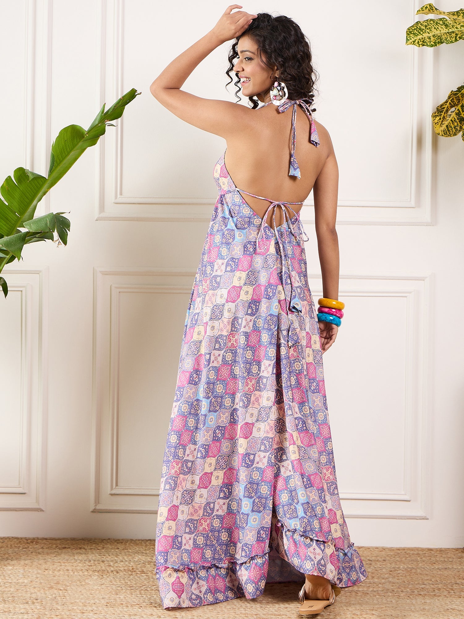 Purple Magenta Ogee Print Neck Long Backless Dress