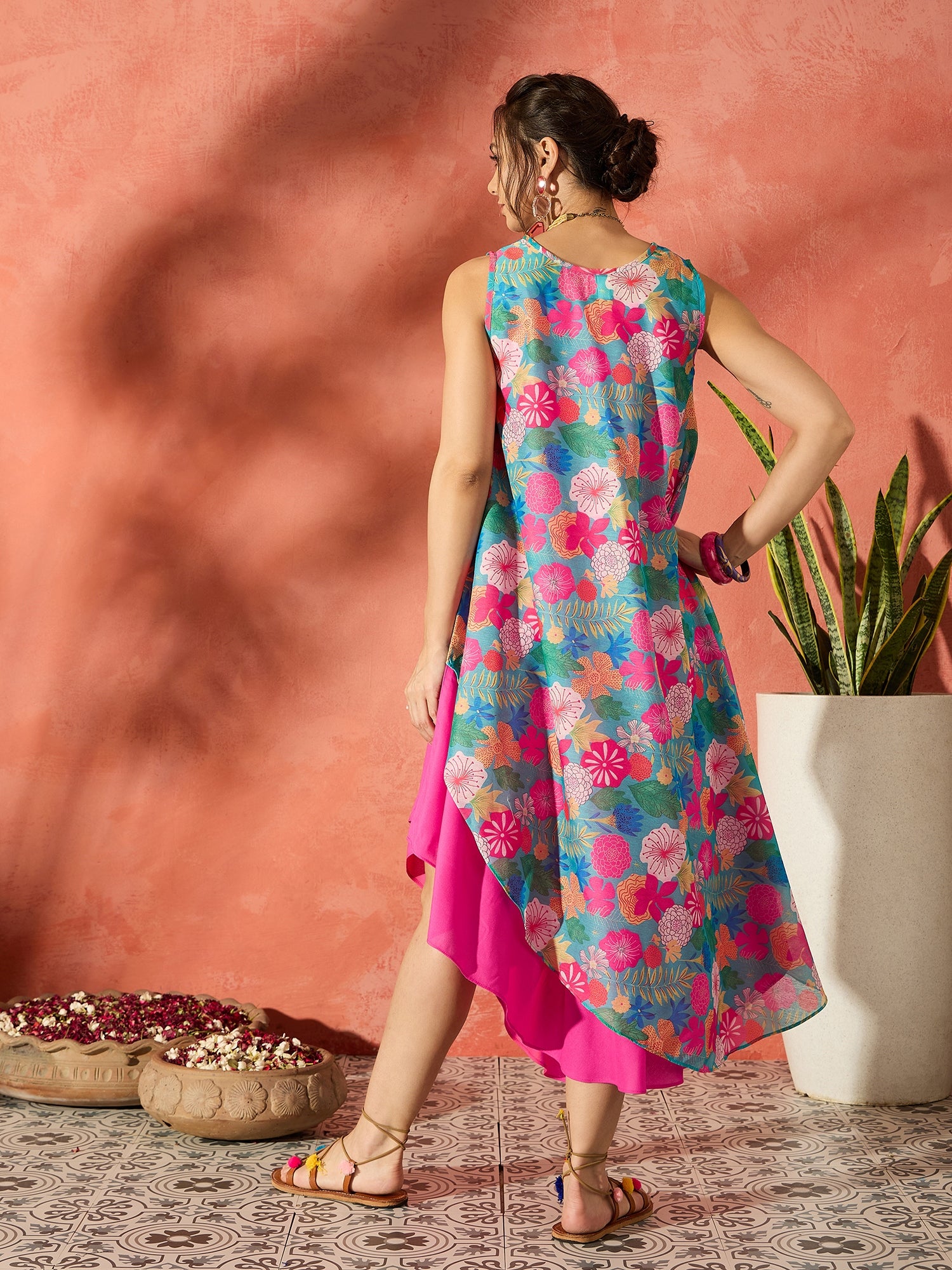 Blue Floral Fuchsia Asymmetrical Dress