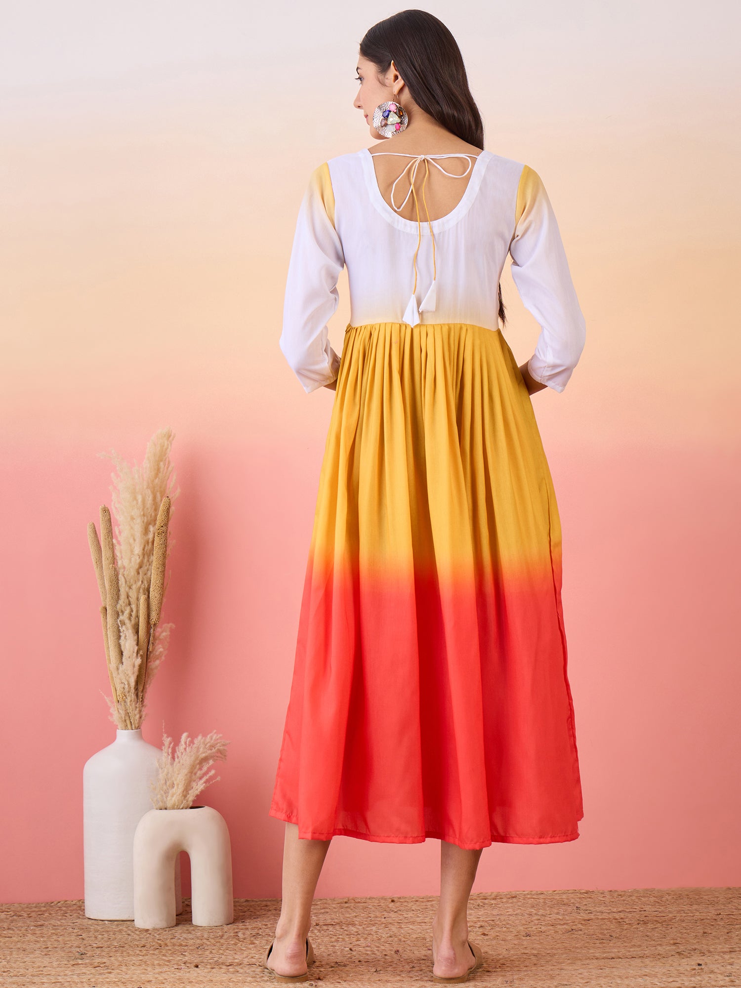 Yellow Orange White Dyed Sweetheart Neck Long Anarkali Kurta