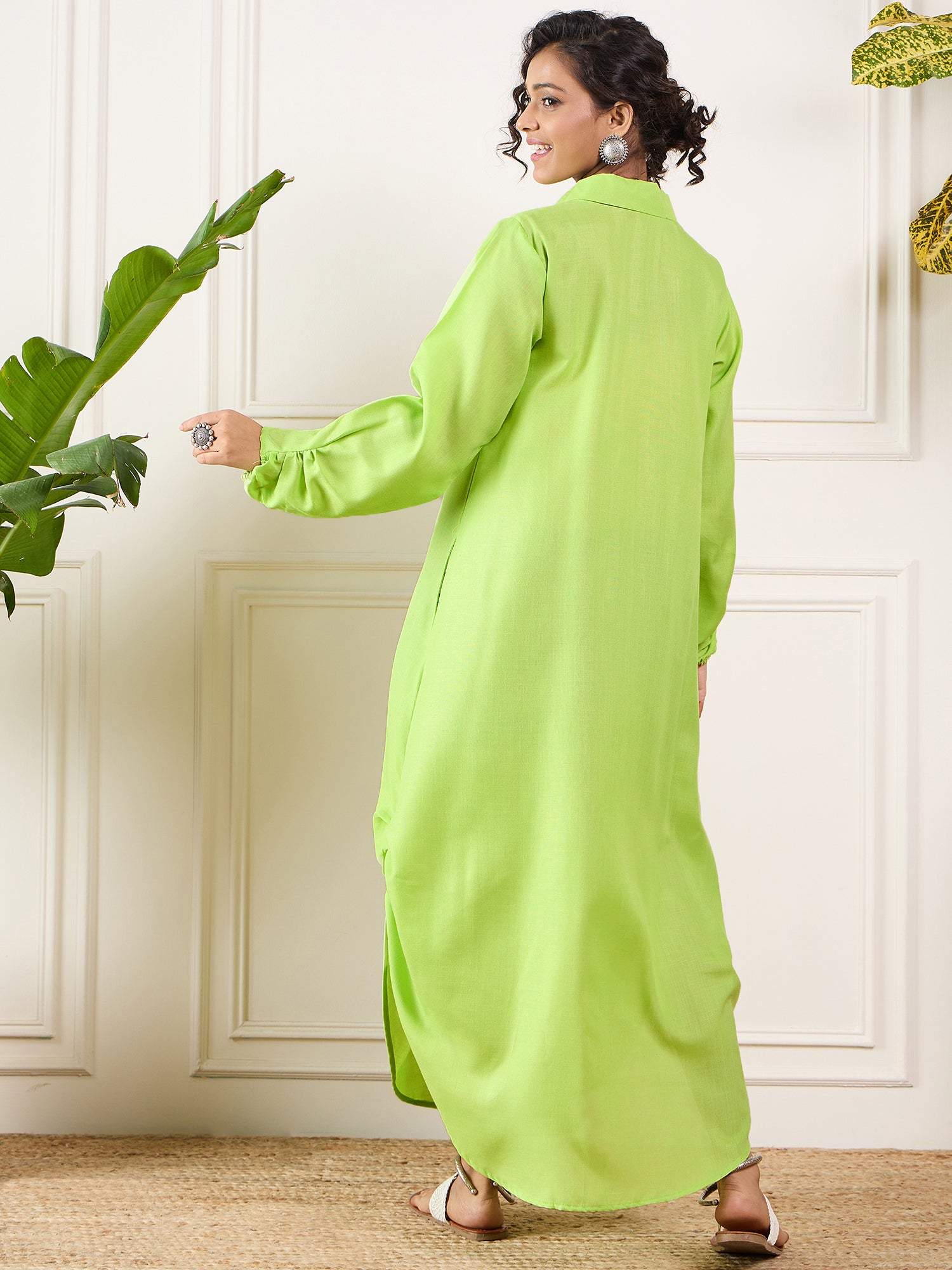 Neon Green Shawl Neck Long Side Pleat Dress