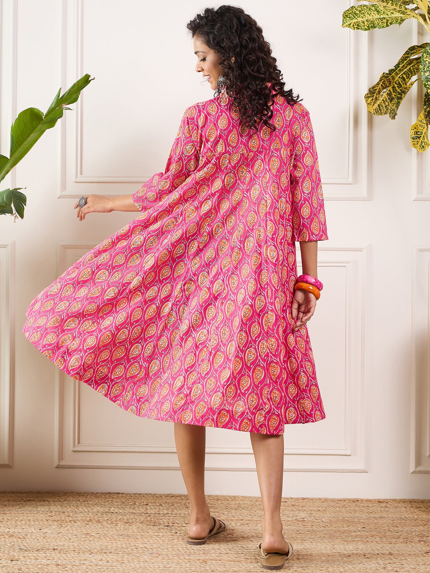 Fuchsia Orange Ajrak Leaves Collar Flared Dress