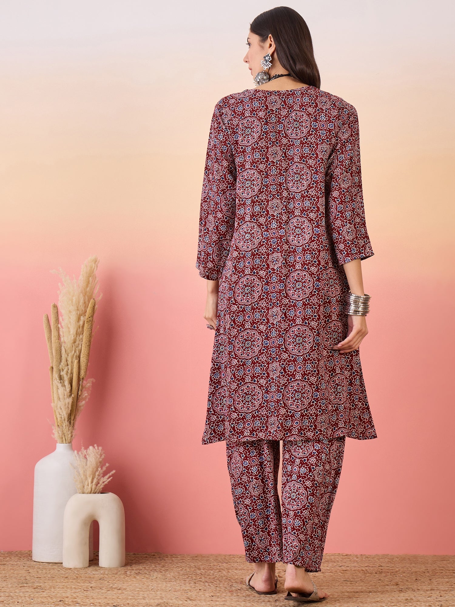 Maroon Navy Ajrakh Foil V Neck Kurta Pant Set