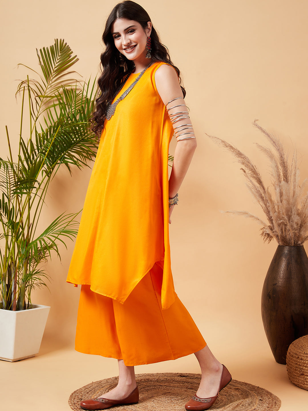 Tangy Orange Short Kurta Palazzo Set