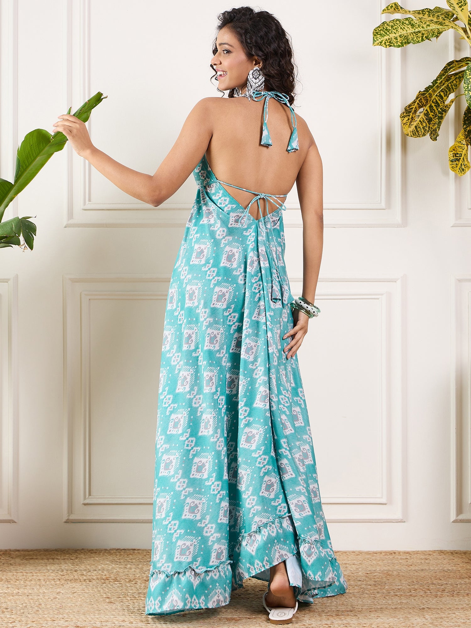 Turquoise White Ikkat Print Neck Long Backless Dress