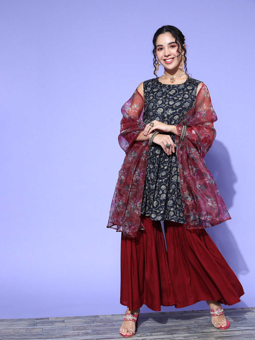 Blue Printed Kurta Sharara Set With Burgundy Organza Dupatta