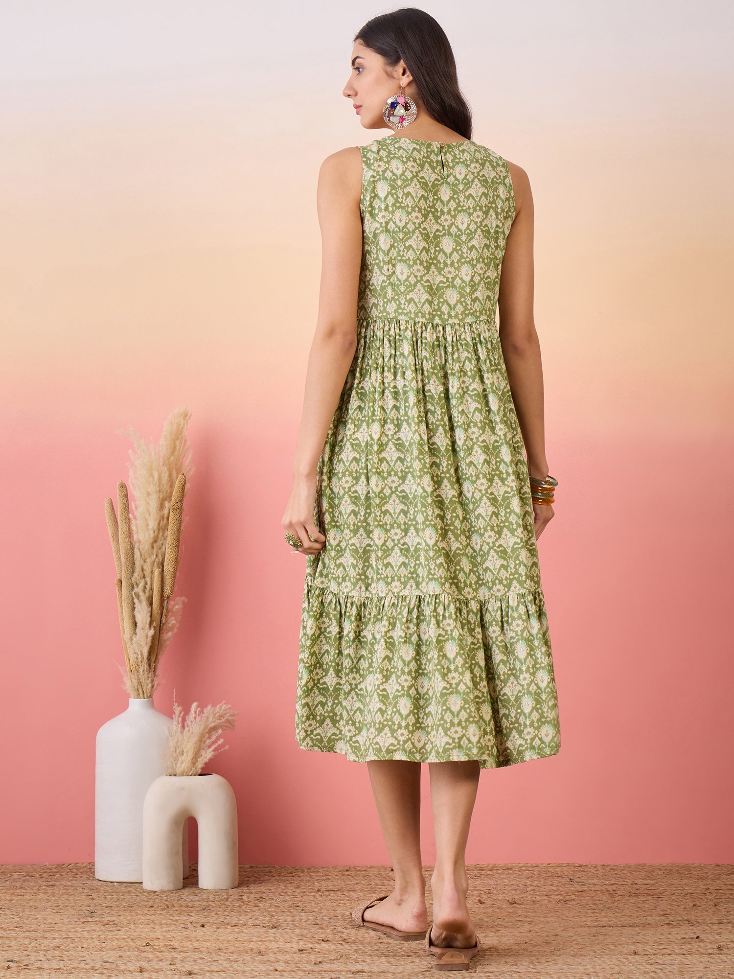 Apple Green Ikkat Print Foil Front Pocket Dress