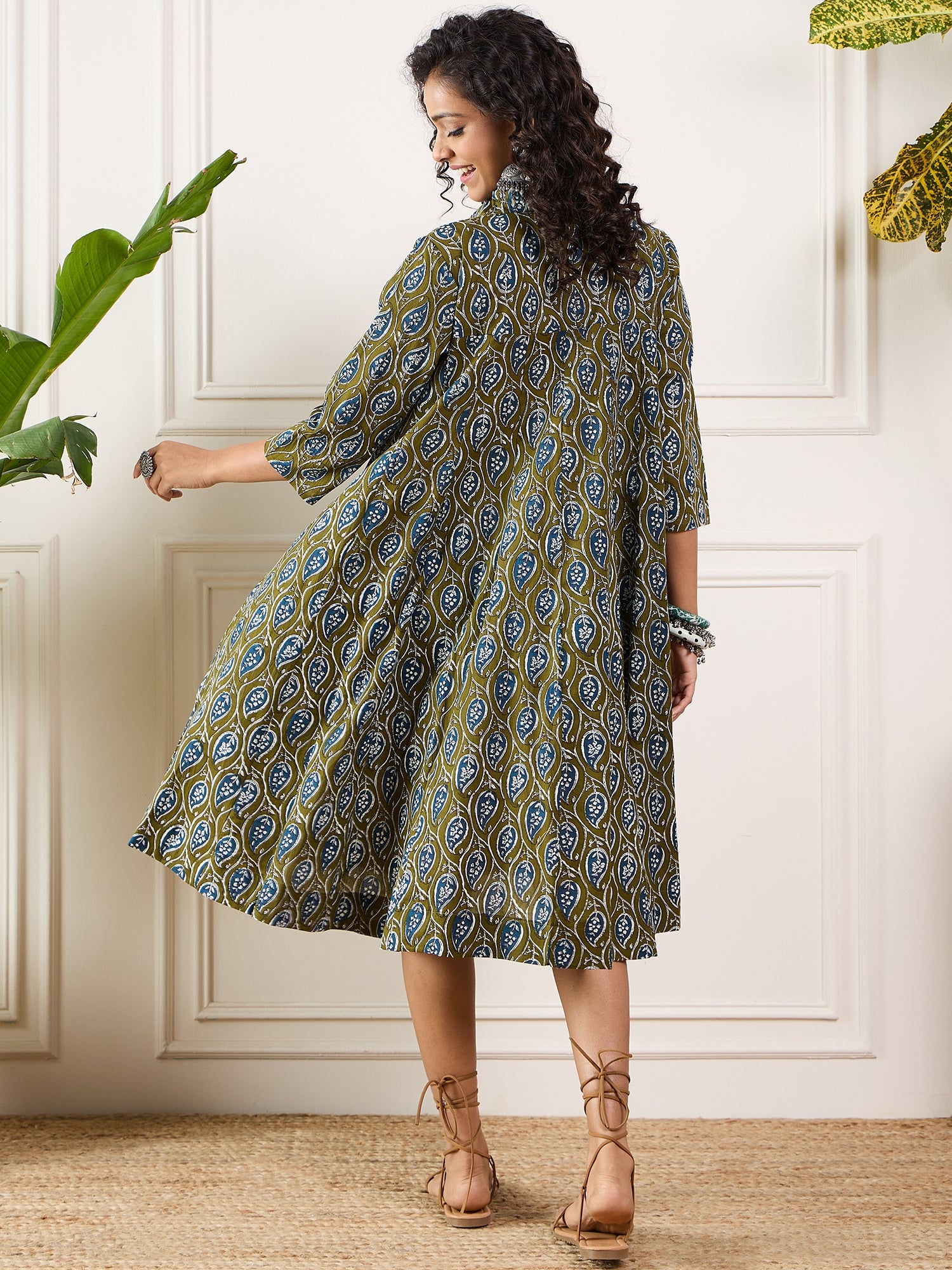 Olive Indigo Ajrak Leaves Collar Flared Dress