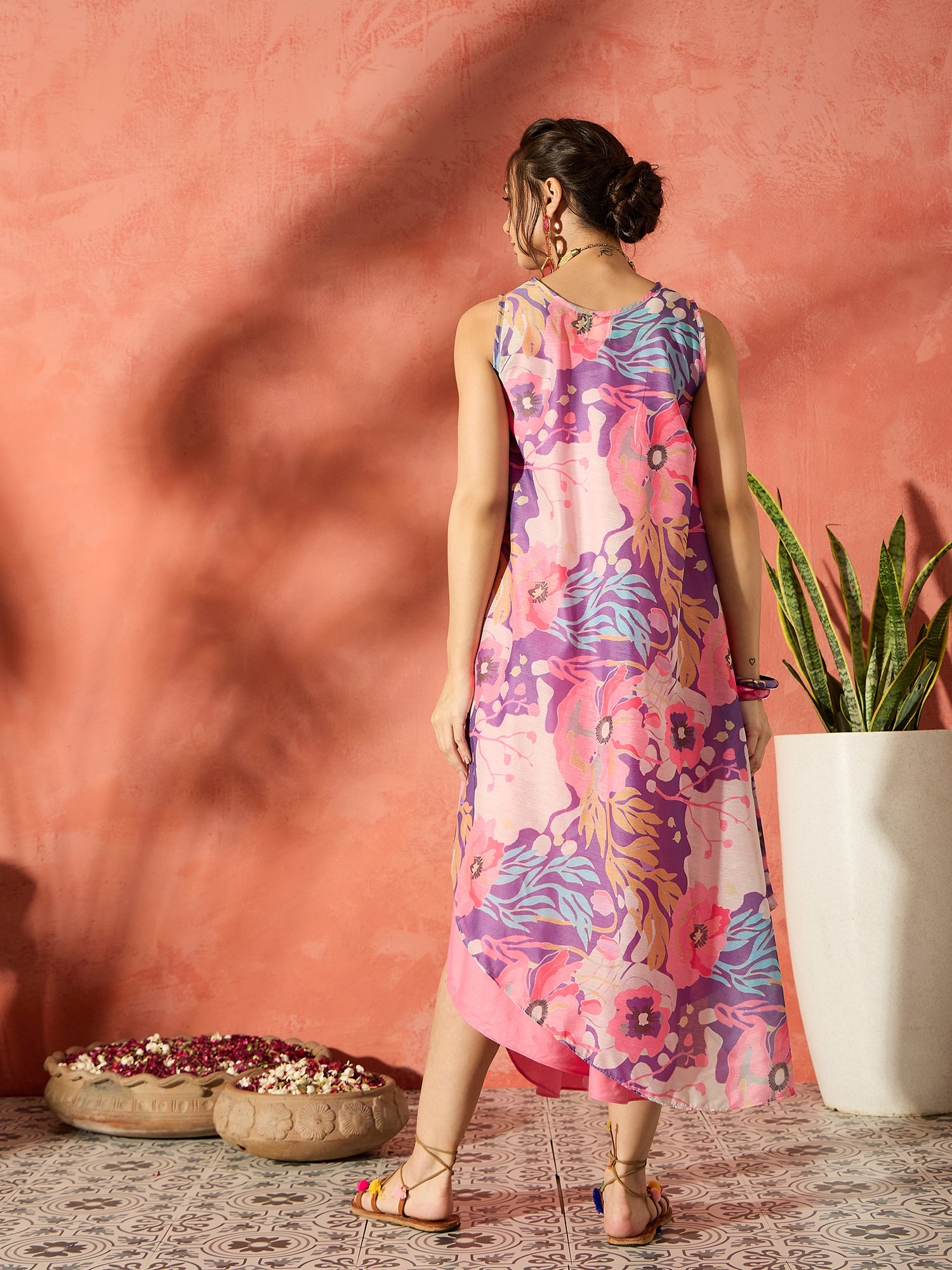 Purple Floral Peach Asymmetrical Dress