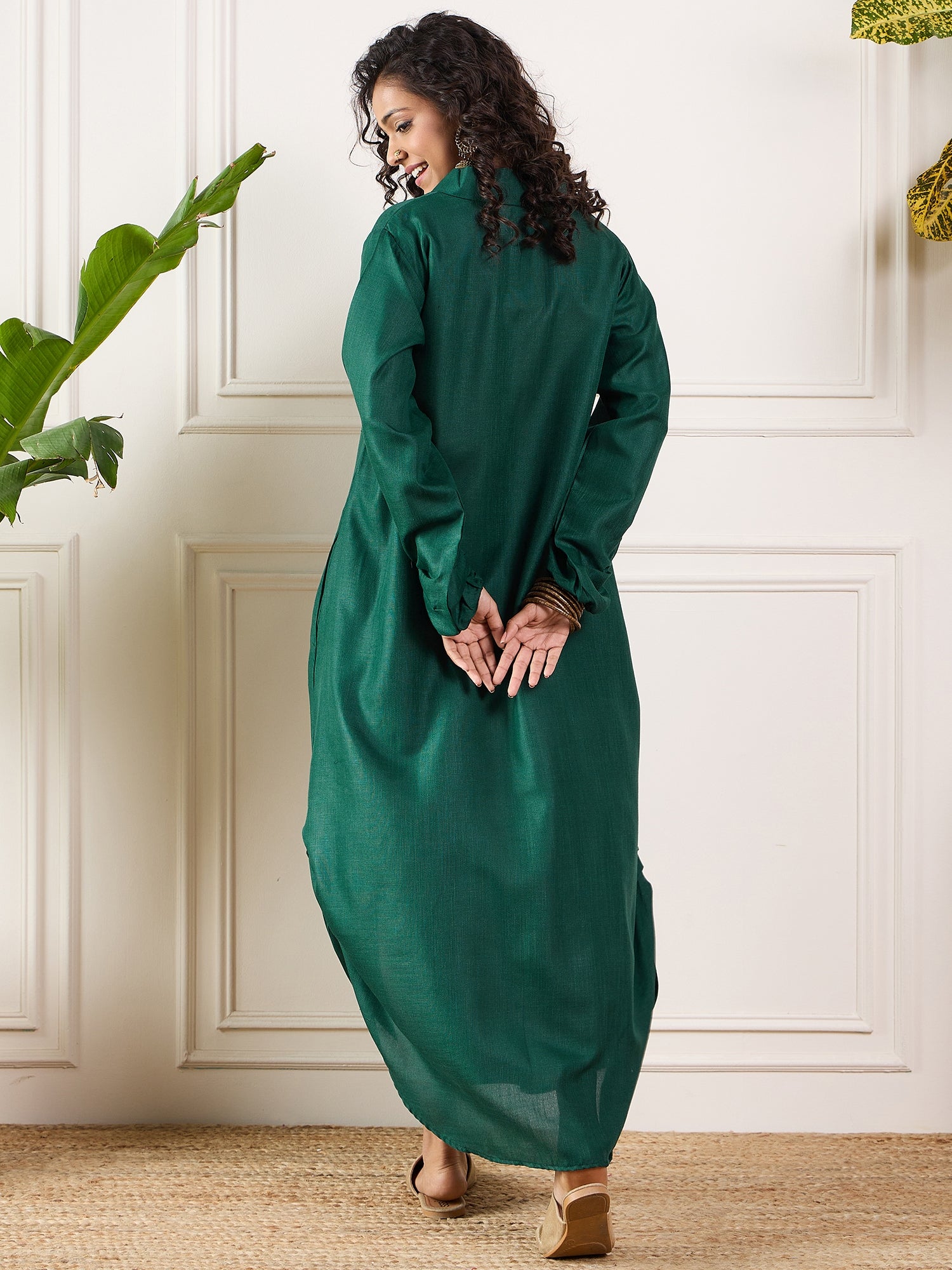 Dark Green Shawl Neck Pleat Dress