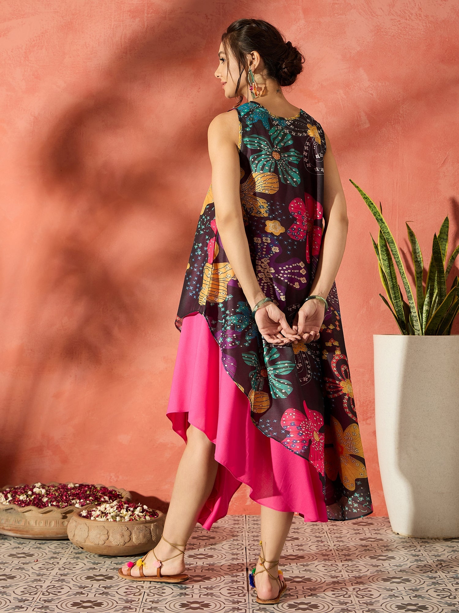 Black Floral Fuchsia Asymmetrical Dress