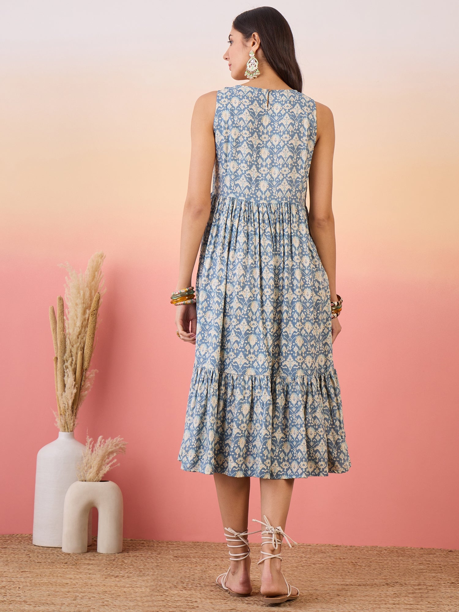 Powder Blue Ikkat Print Foil Front Pocket Dress