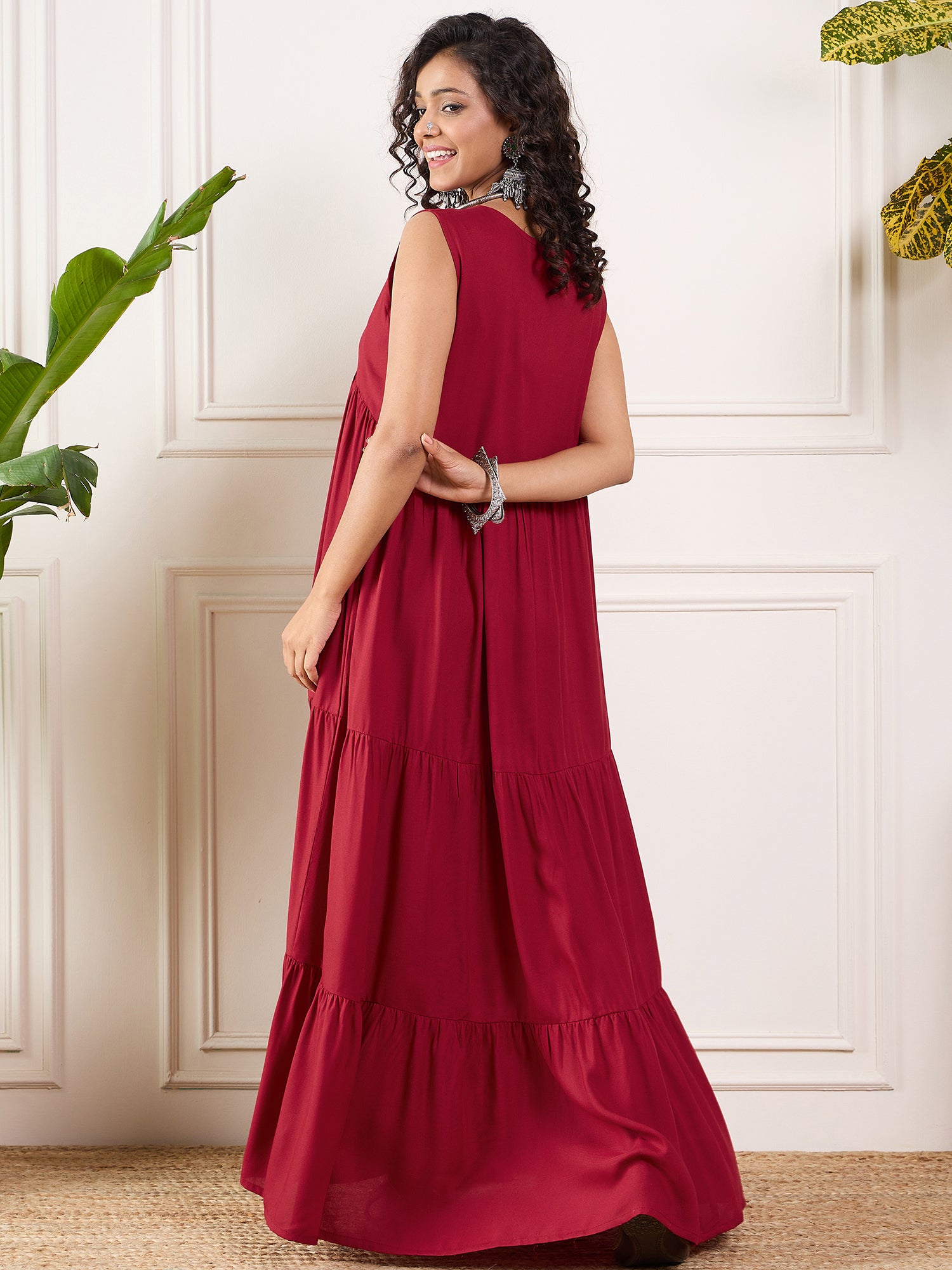 Maroon V Neck Sleeveless Long Tiered Dress