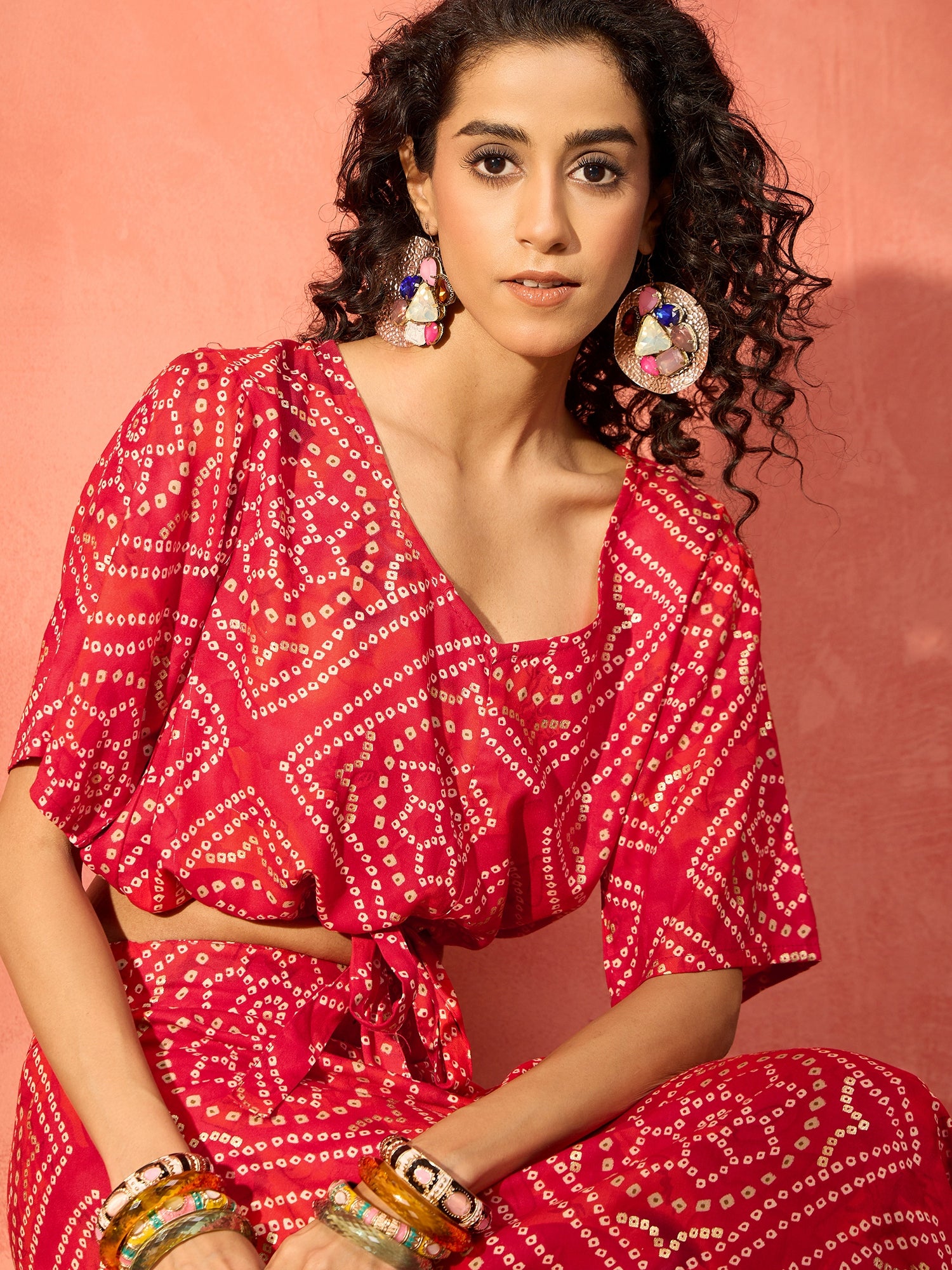 Red Bandhani Foil Waist Tie-Up Coord Set