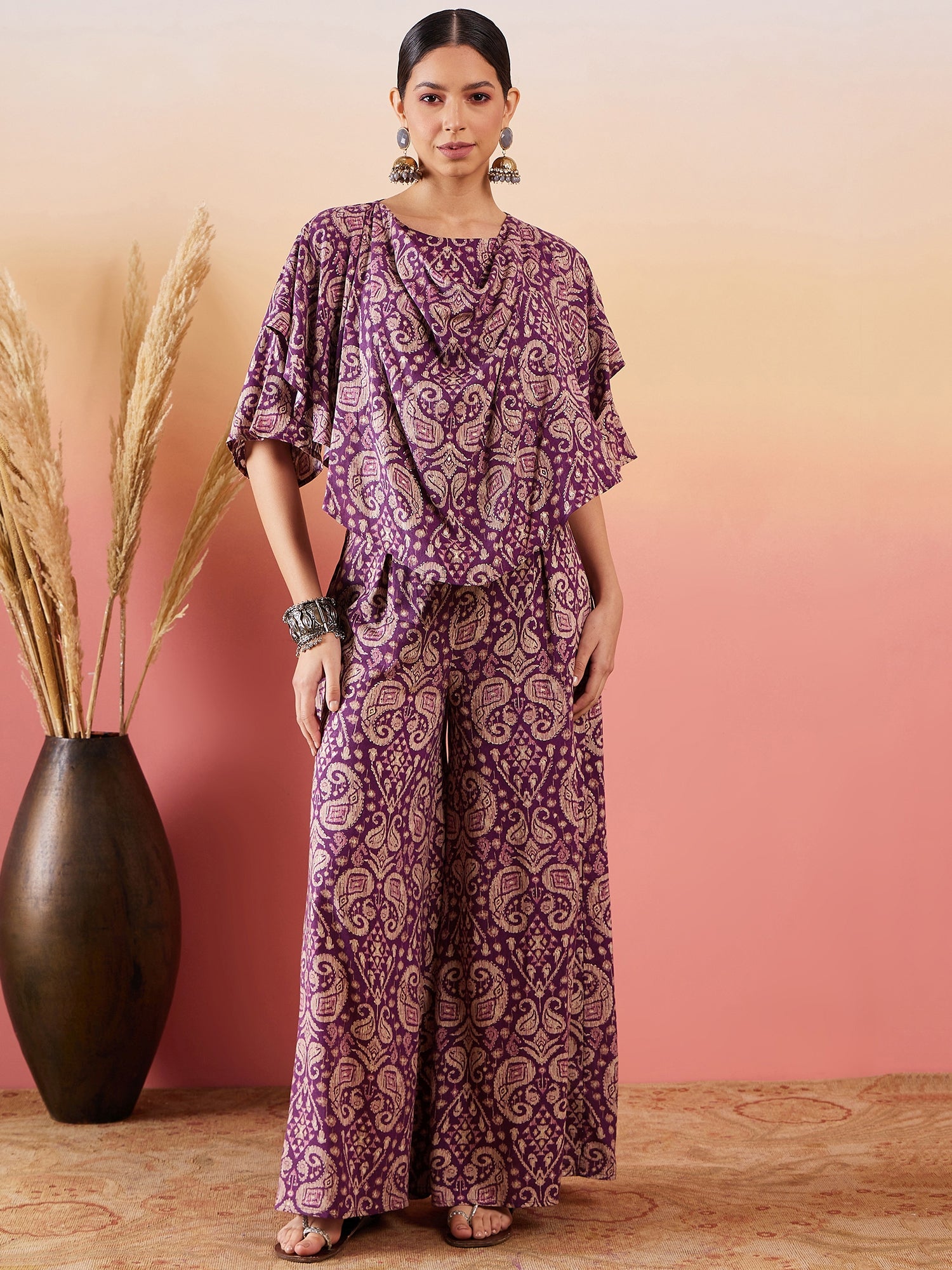 Dusty Mauve Paisley Print Cowl Neck Top Bottom Set