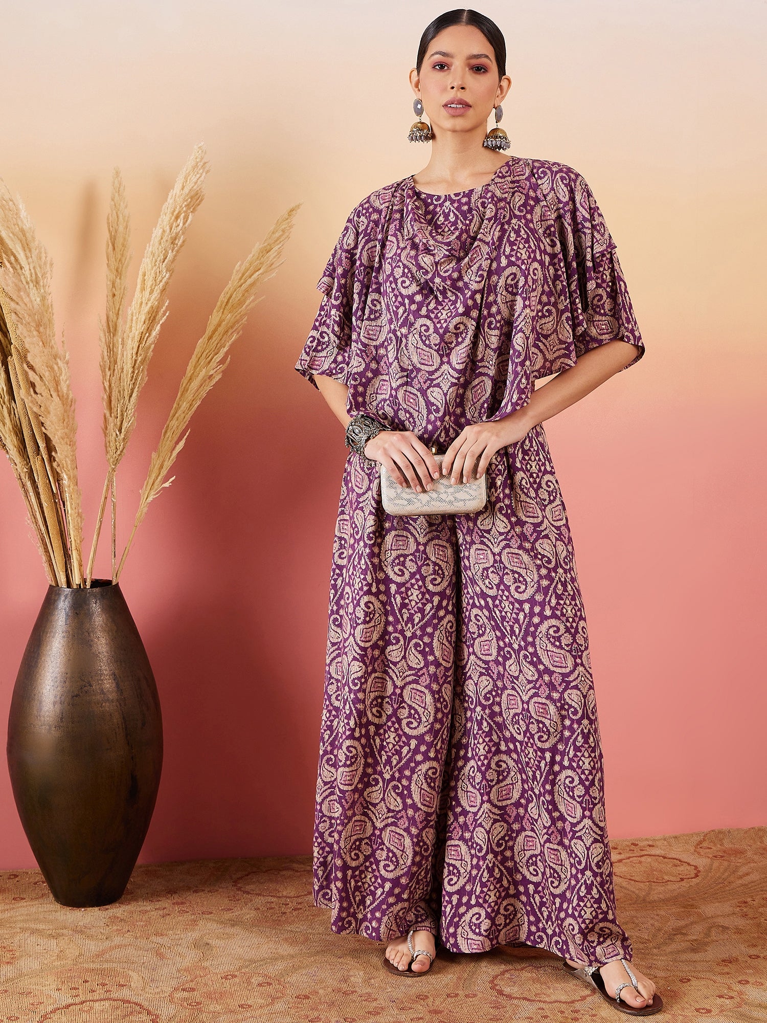 Dusty Mauve Paisley Print Cowl Neck Top Bottom Set