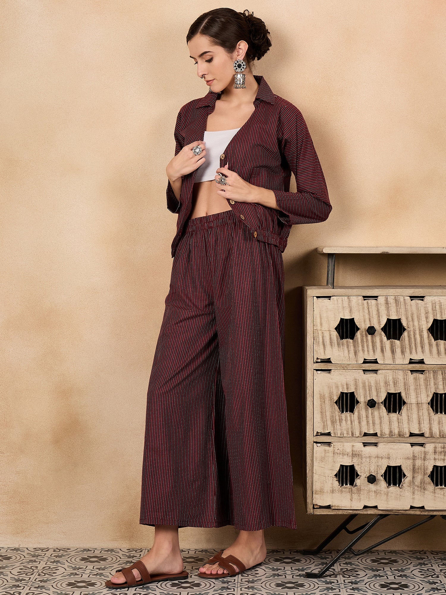 Wine Kantha Johnny Neck Jacket Co'ord Set