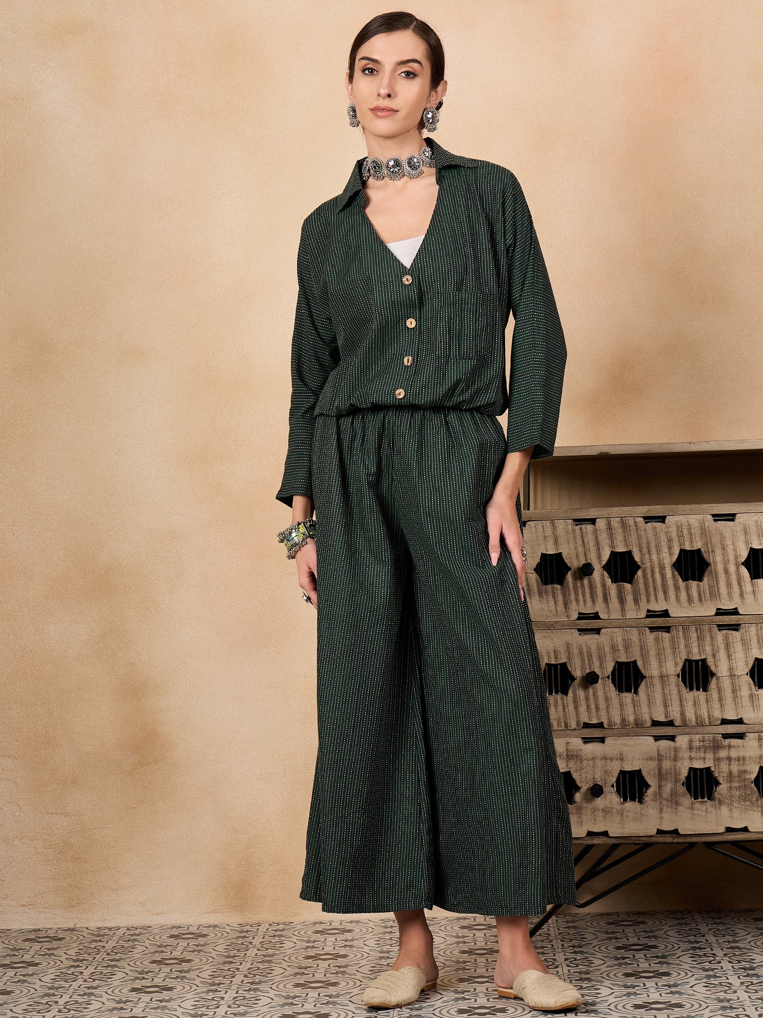 Dark Green Kantha Johnny Neck Jacket Co'ord Set