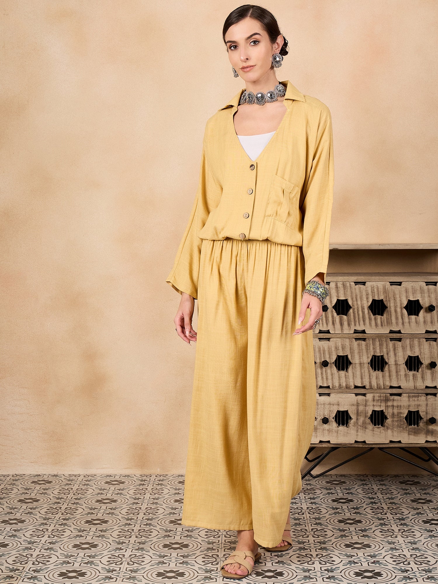 Light Yellow Johnny Neck Jacket Co'ord Set