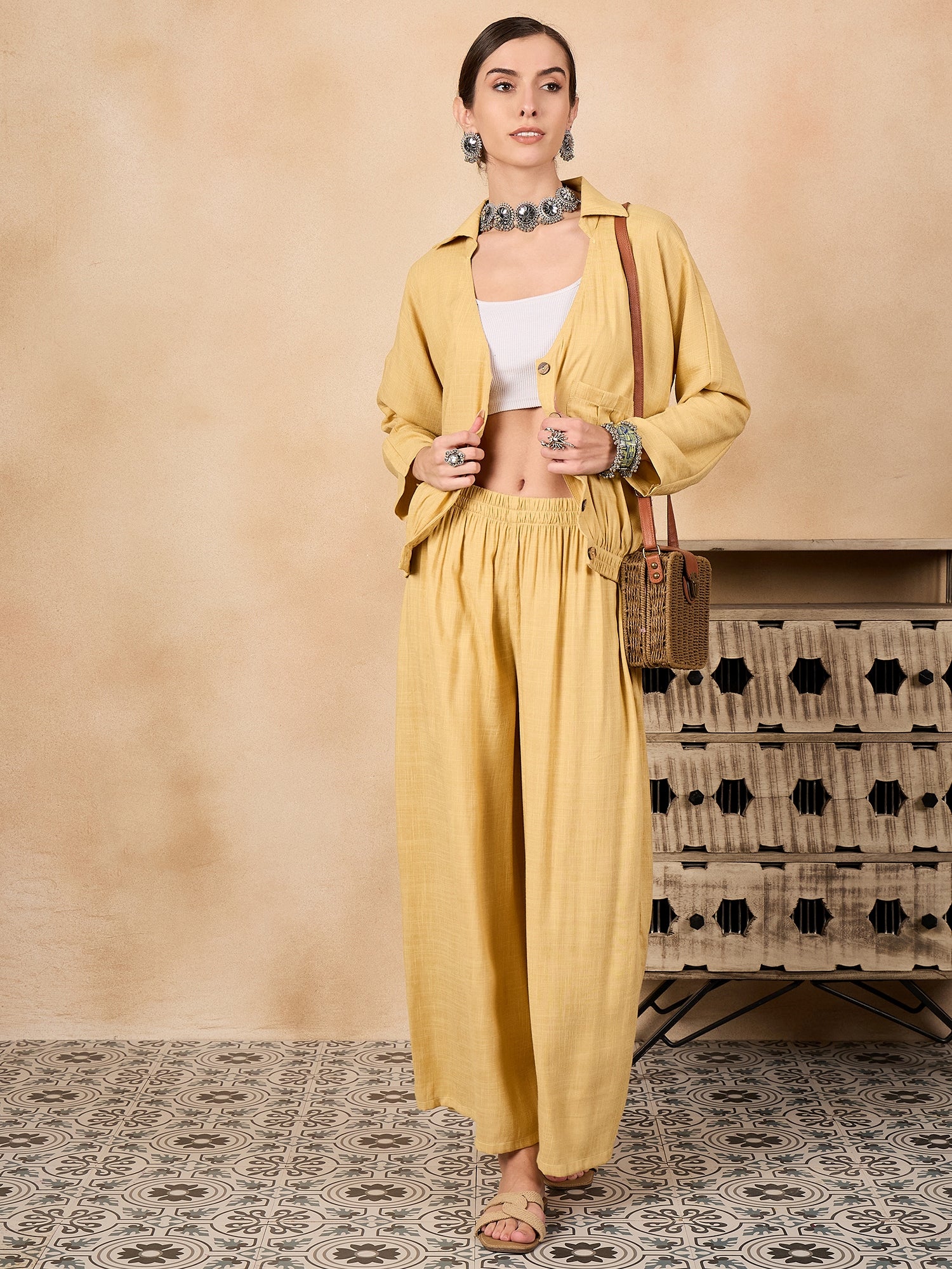 Light Yellow Johnny Neck Jacket Co'ord Set