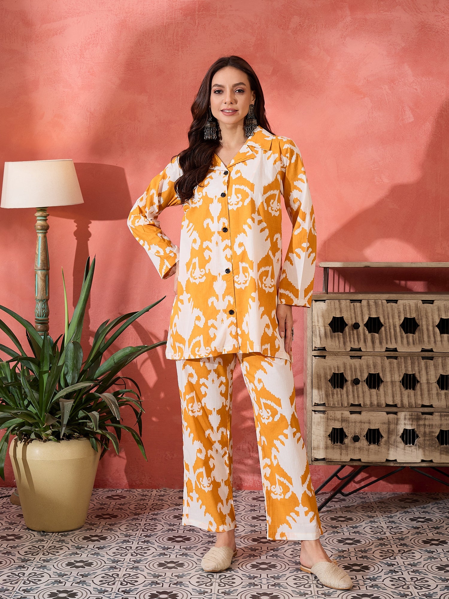 Tangy Orange White Ikkat Print Coord Set