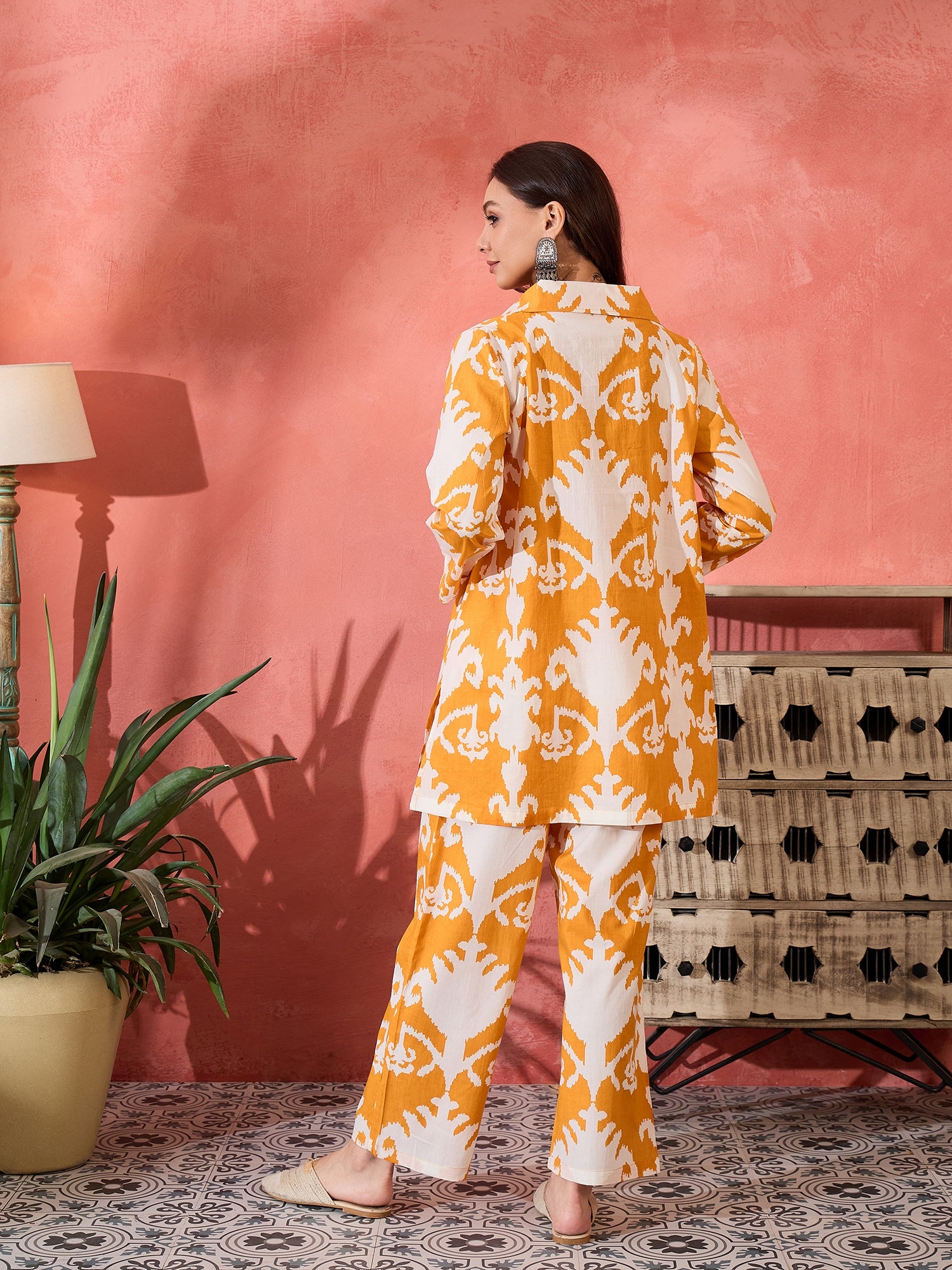 Tangy Orange White Ikkat Print Coord Set