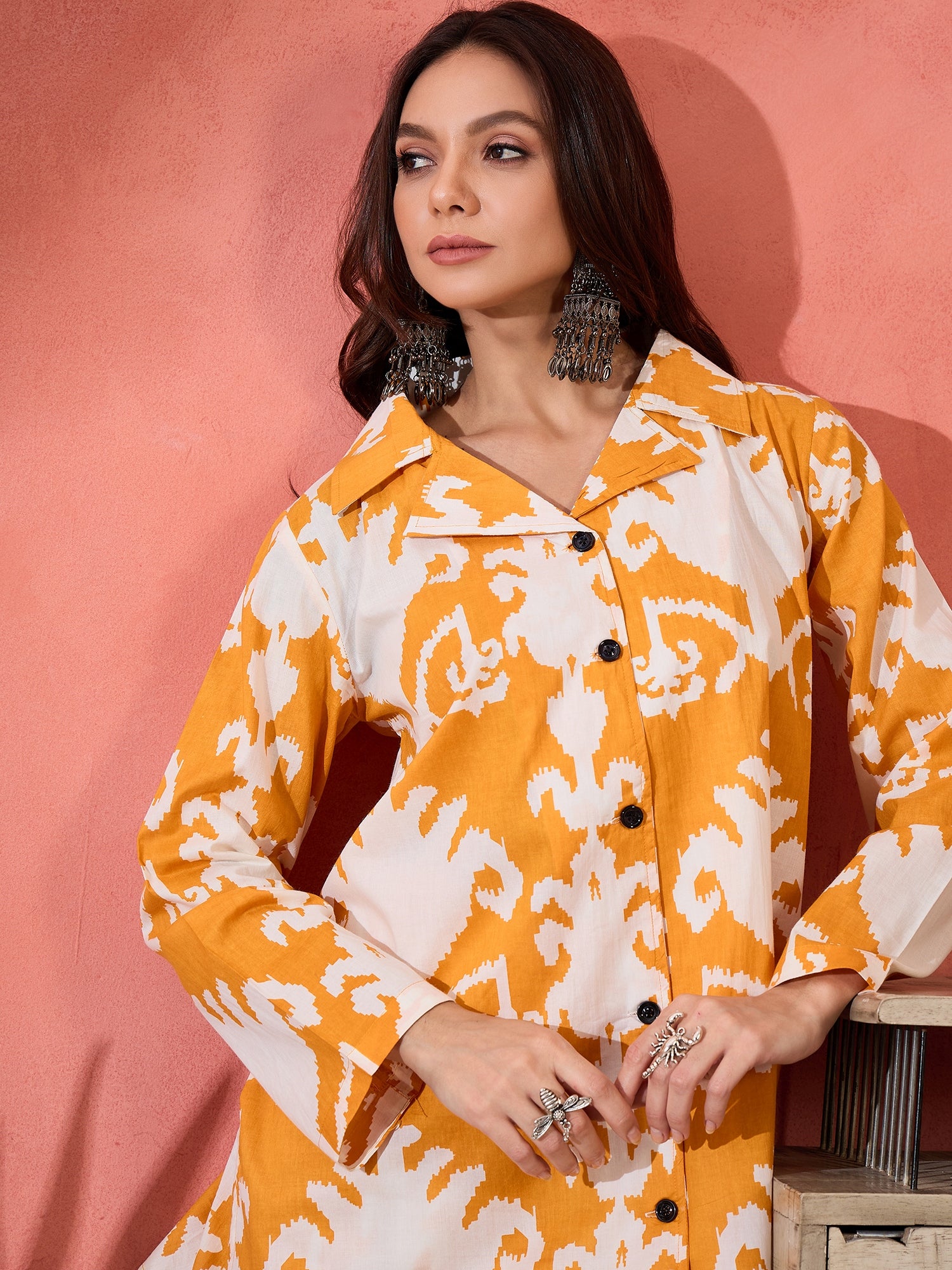 Tangy Orange White Ikkat Print Coord Set