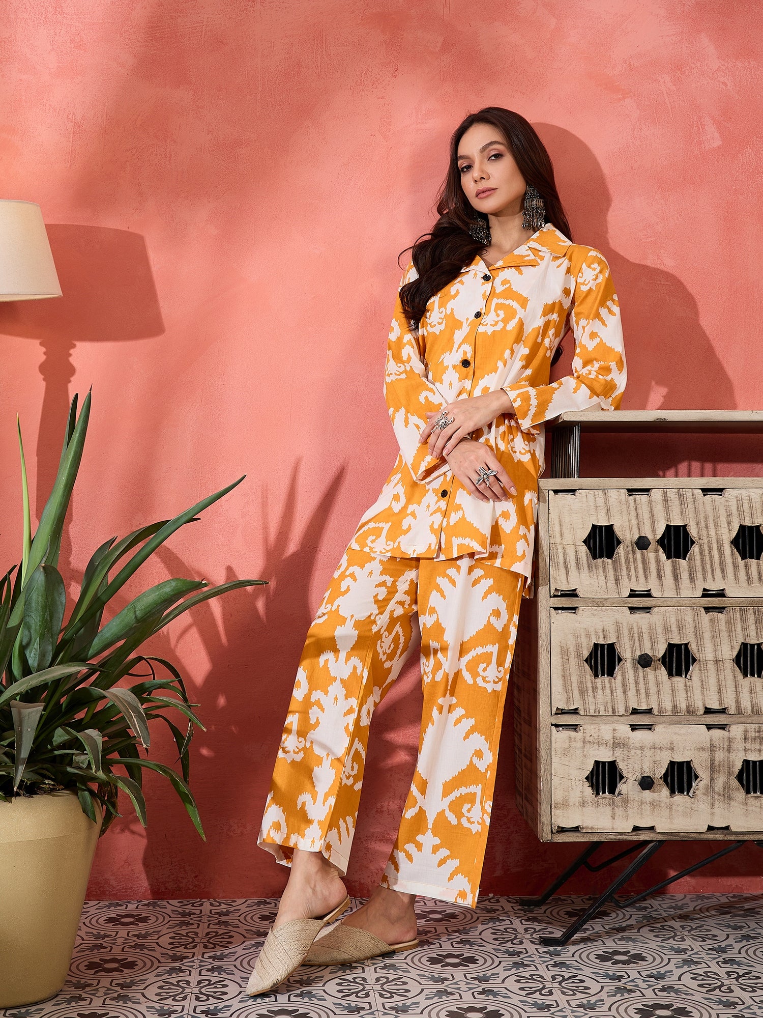 Tangy Orange White Ikkat Print Coord Set